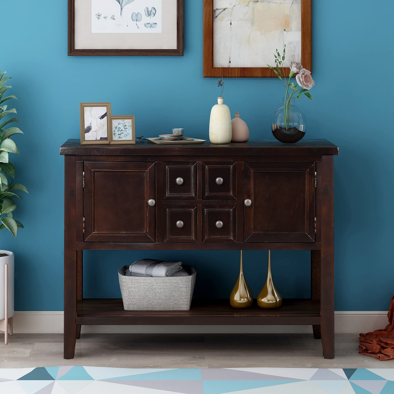 Distressed Buffet Sideboard - Retro Wooden Console Table for Kitchen, Dining & Living Room - Coffee Station & Storage