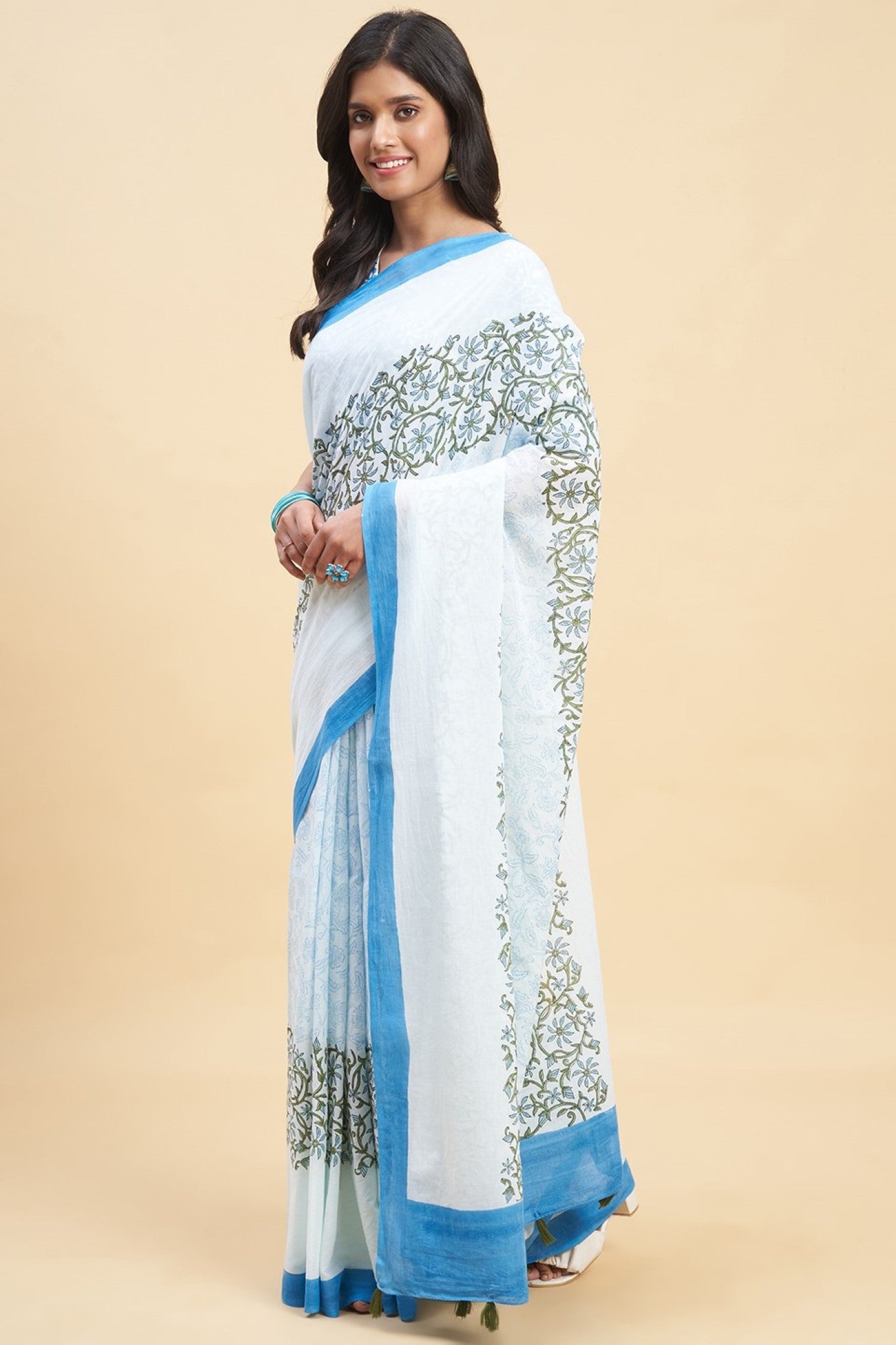 Handblock Printed Blue Crape Myrtle Cotton Saree for Women | Traditional Indian Saree for Festivals, Weddings & Special Occasions