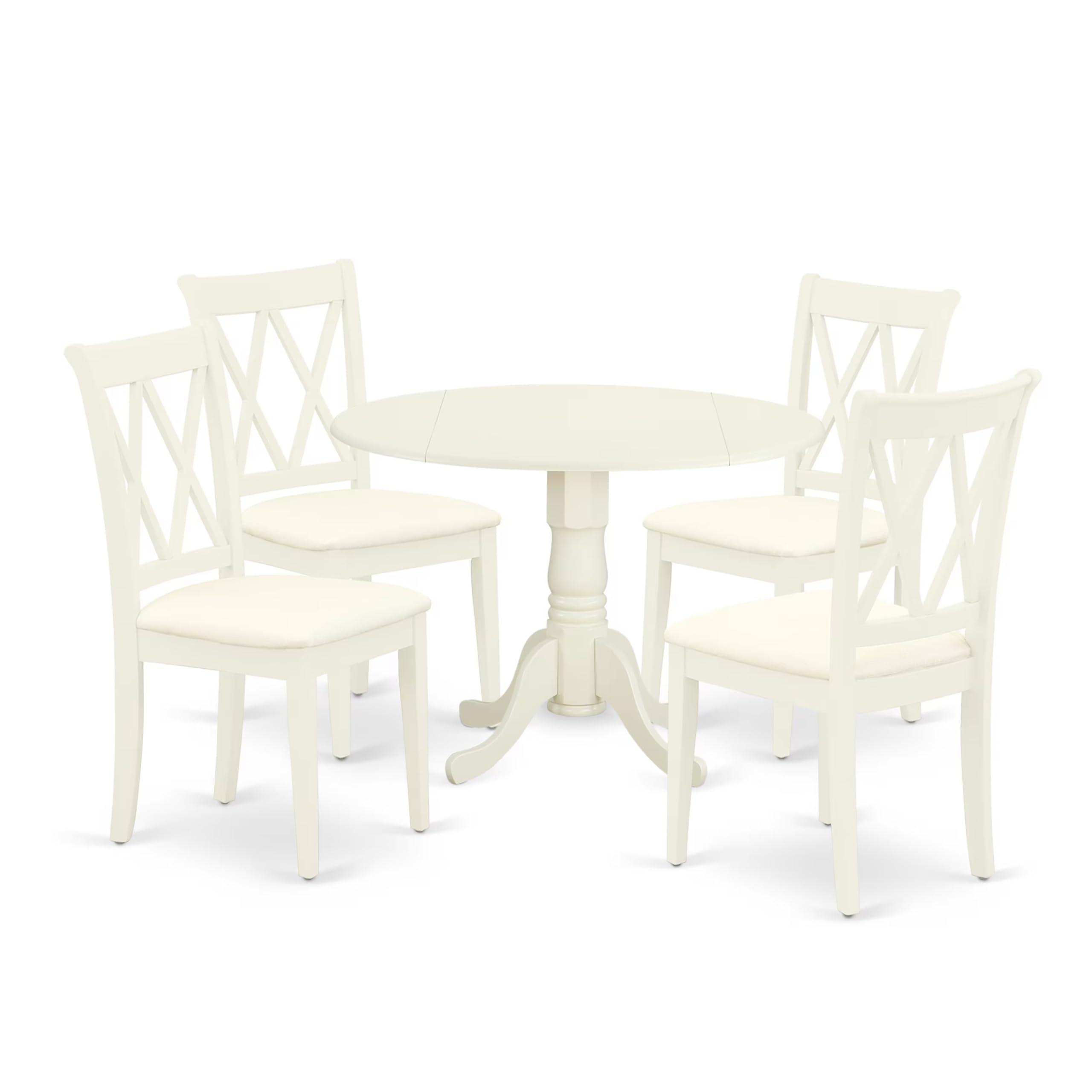 East West Furniture DLCL5-WHI-C 5-Piece White Linen Dining Set with Round Drop-Leaf Table & 4 Upholstered Chairs, 42x42 Inch - Perfect for Small Spaces, Breakfast Nooks & Cozy Apartment Dining
