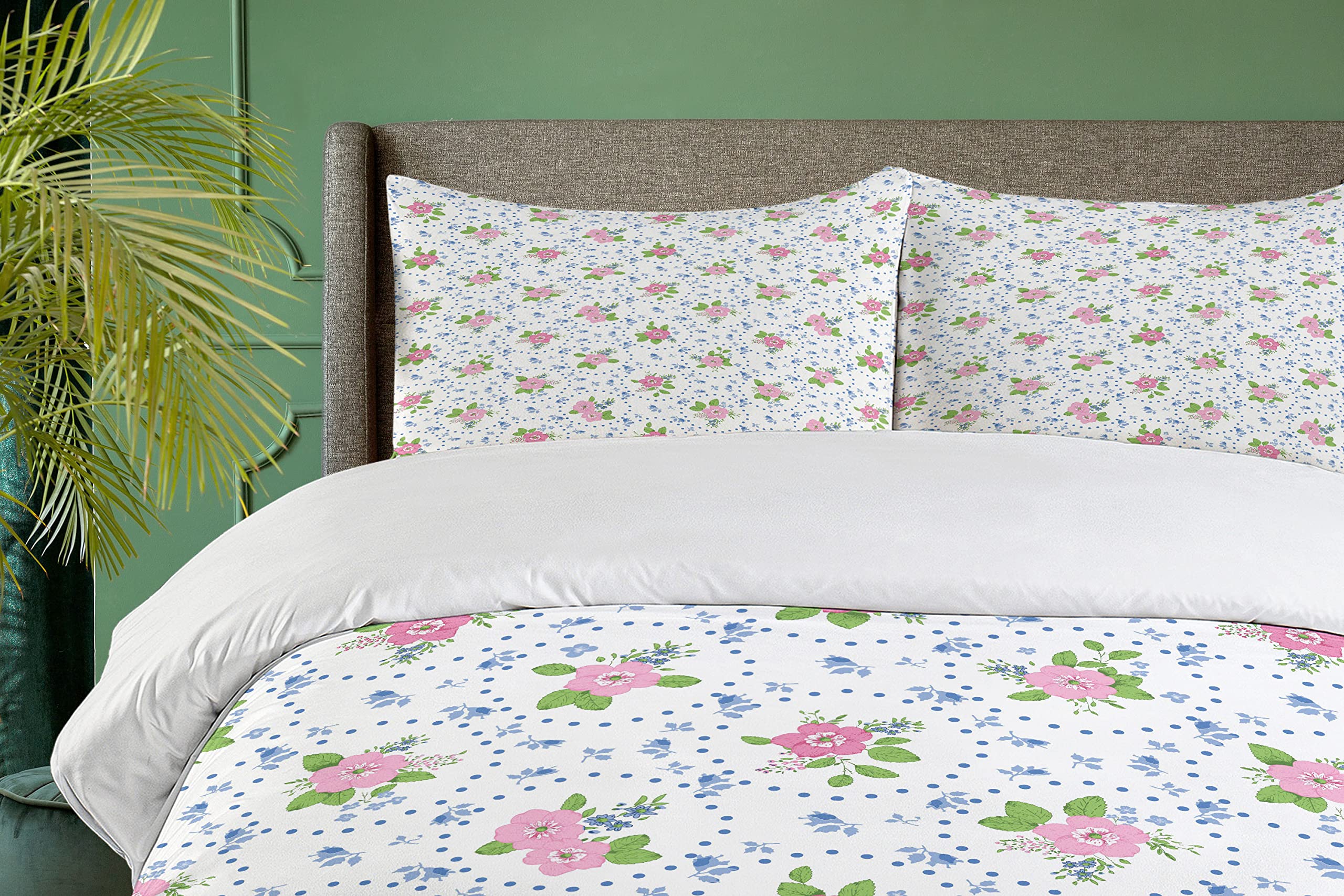 Ambesonne Shabby Floral Duvet Cover Set - Queen Size 3-Piece Bedding with Peony Flowers & Circular Bouquets Design, Pink & Blue Romantic Nature Theme for Master Bedroom Decor | Includes Duvet Cover + 2 Pillow Shams | Perfect for Spring Refresh, Guest Room Makeover & Cozy Bedroom Upgrade