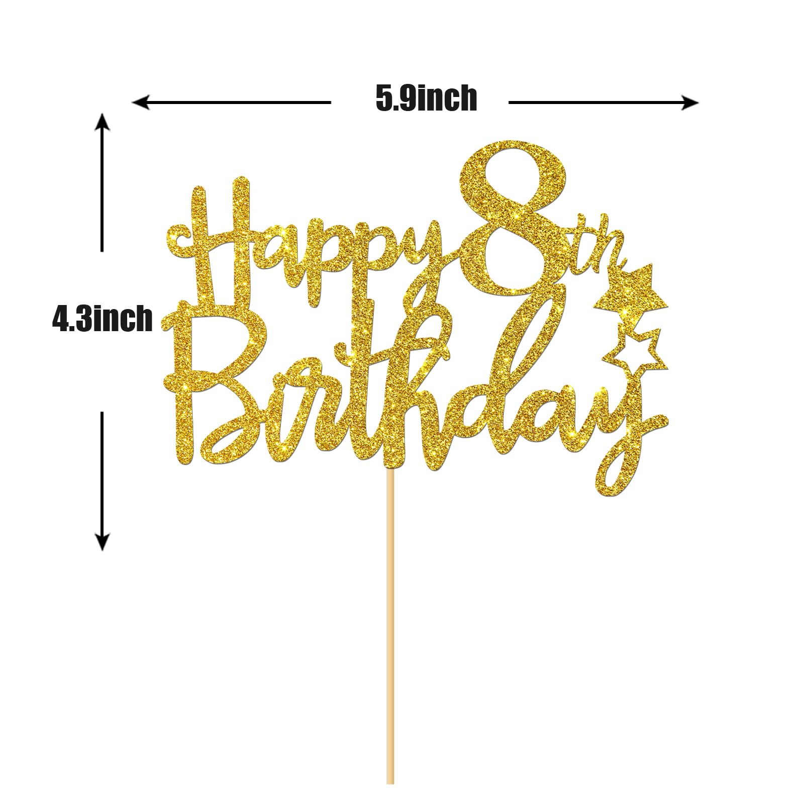 Gold Glitter Happy 8th Birthday Cake Topper - 8 Sign Cake Decoration - Cheers to 8 Years Party Supplies - 8th Birthday Party Decorations for Girls & Boys - Perfect for Birthday Cakes, Cupcakes & Dessert Tables