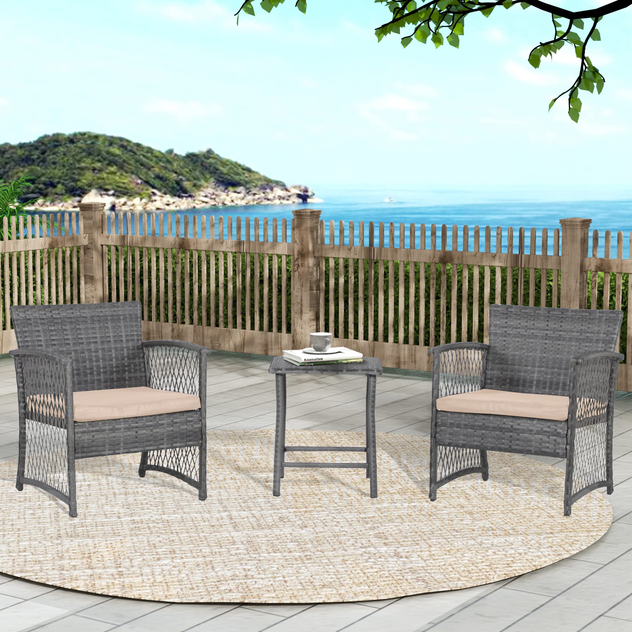 WestinTrends Melvi 3-Piece All-Weather PE Rattan Patio Furniture Set - Outdoor Wicker Bistro & Conversation Set in Gray & Beige - Perfect for Backyard, Garden, Poolside & Balcony Relaxation
