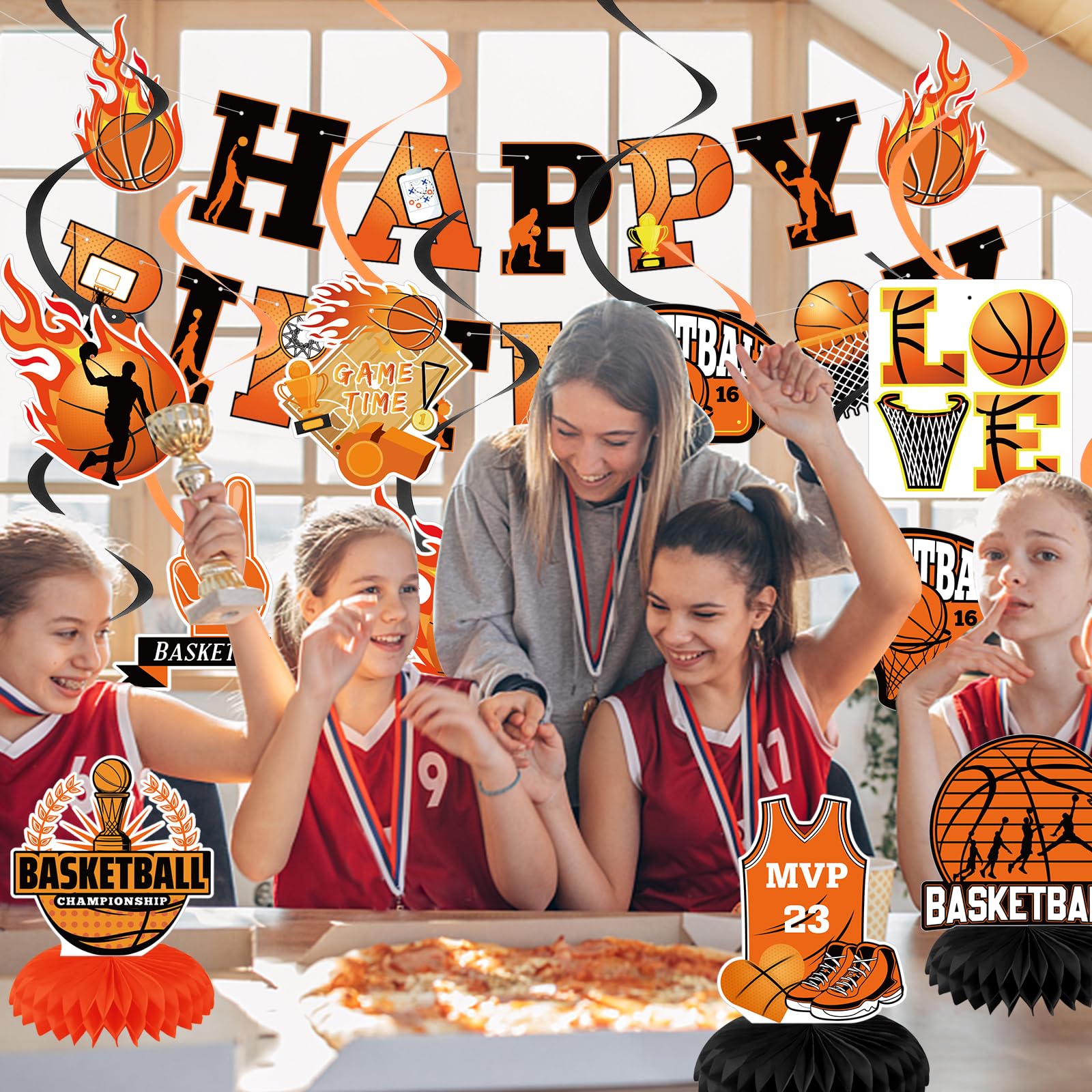Basketball Party Decorations Set - Happy Birthday Banner, Hanging Swirls & Honeycomb Centerpiece for Boys Kids Sports Theme Party | Perfect for Birthday Celebrations, Basketball Themed Events and Kids Room Decor