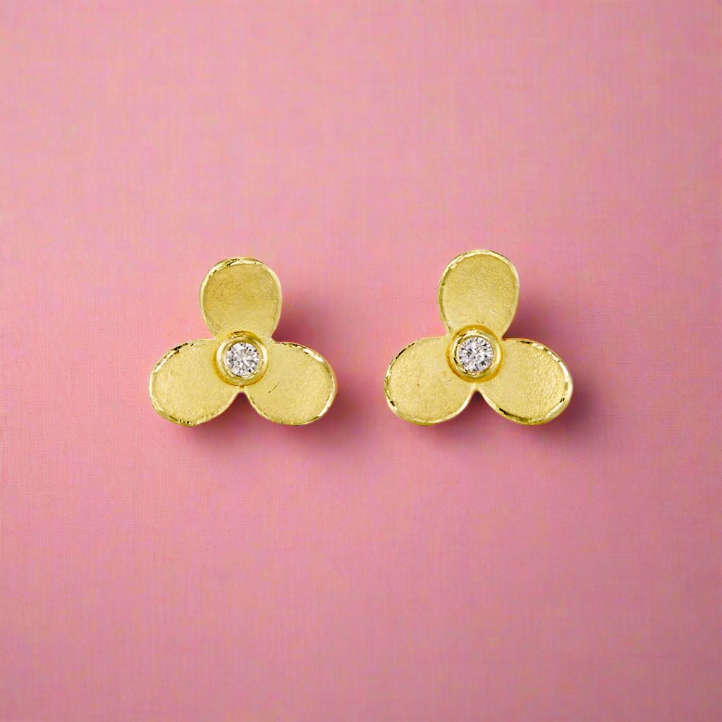 Trillium & Diamond Stud Earrings for Women - 14K Gold Flower Earrings with Genuine Diamonds - Perfect for Weddings, Anniversaries & Special Occasions