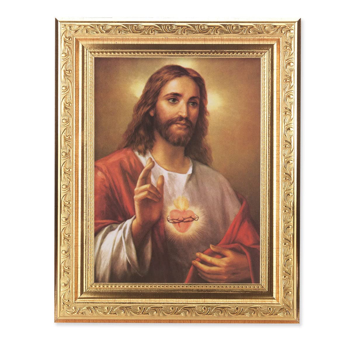Vintage Sacred Heart of Jesus Framed Wall Art - Gold Leaf Antique Finish with Acanthus Leaf Details - Perfect for Home Chapel, Catholic Decor & Religious Gift Giving