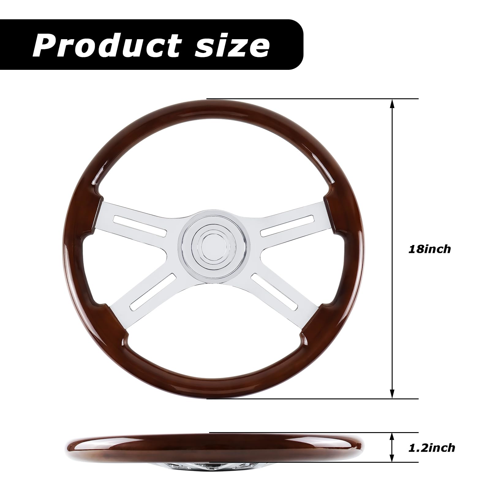 18 Inch Wood and Aluminum Chrome Plated Truck Steering Wheel - 4 Spoke Design for Semi Trailers & Heavy Duty Trucks - Perfect for Long Haul Driving & Custom Vehicle Upgrades