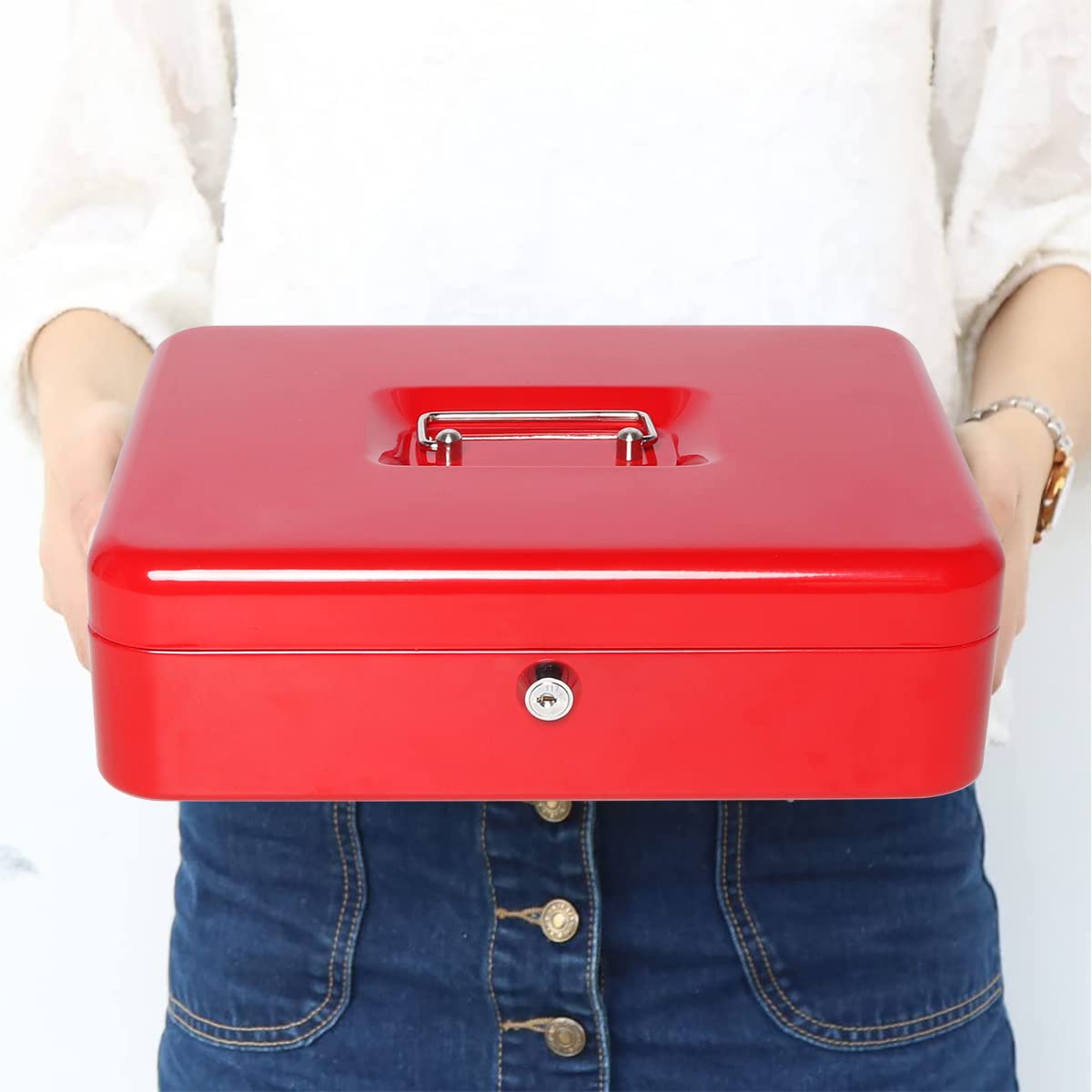 Jssmst Large Locking Cash Box with Money Tray & Security Cable - Heavy Duty Metal Money Box with Key Lock (Red) - Perfect for Home, Office, Retail Stores & Small Business Cash Management