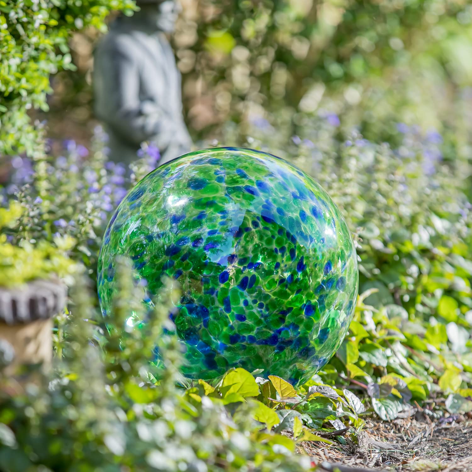 Evergreen 10-Inch Art Glass Turquoise Confetti Gazing Ball with Stand - Perfect for Garden Decor, Patio Ornament, and Outdoor Decoration
