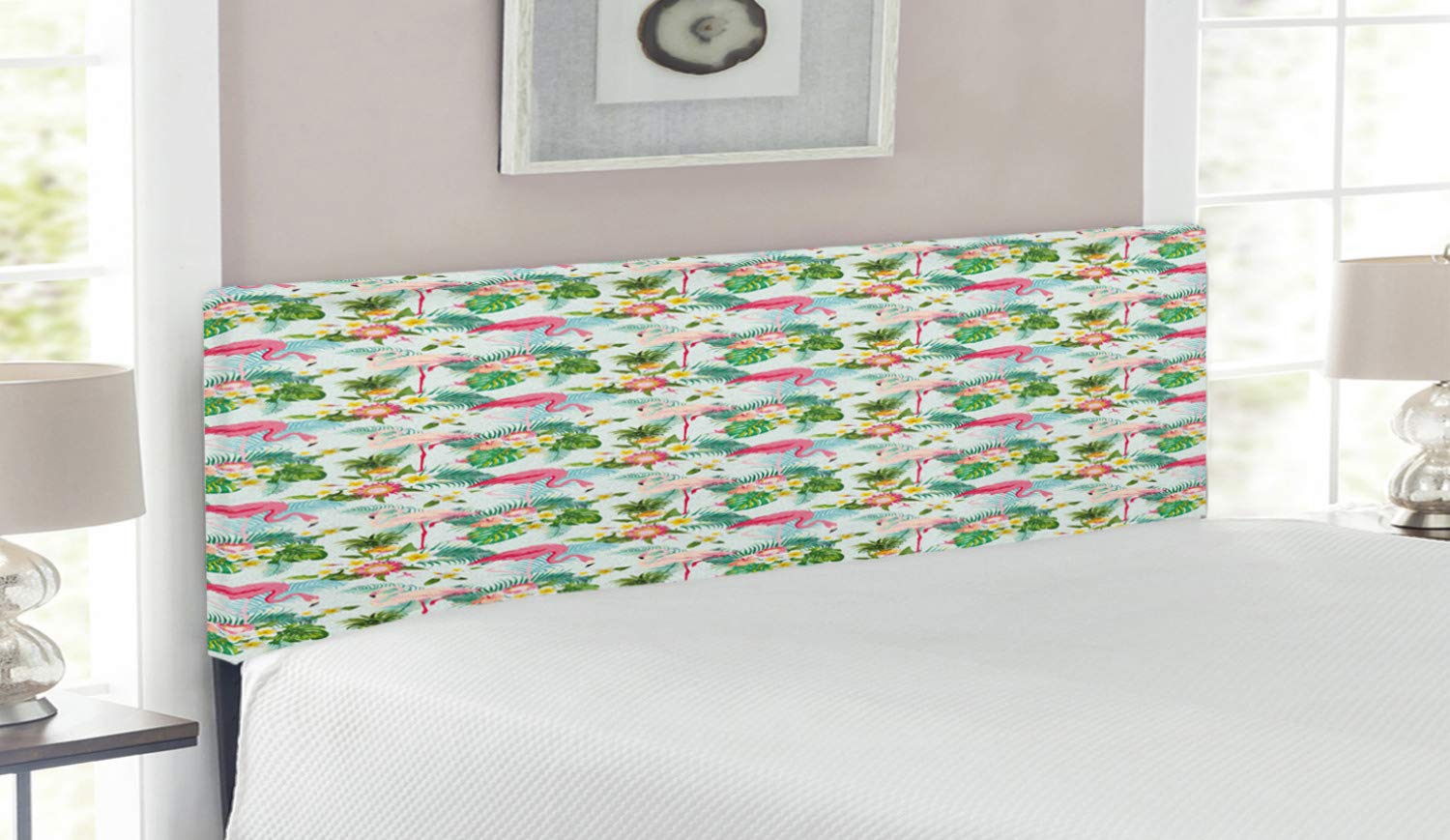 Ambesonne Flamingo Headboard - Exotic Jungle Rainforest Wildlife Design with Memory Foam, Upholstered Metal Queen Size Bed Headboard for Bedroom Decor | Perfect for Tropical & Bohemian Style Bedrooms