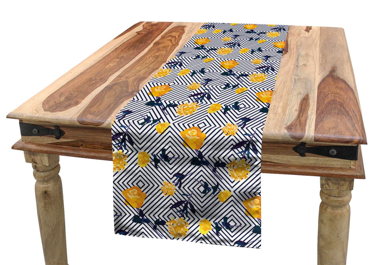 Ambesonne Floral Table Runner - Elegant Composition of Flowers and Concentric Squares, 16