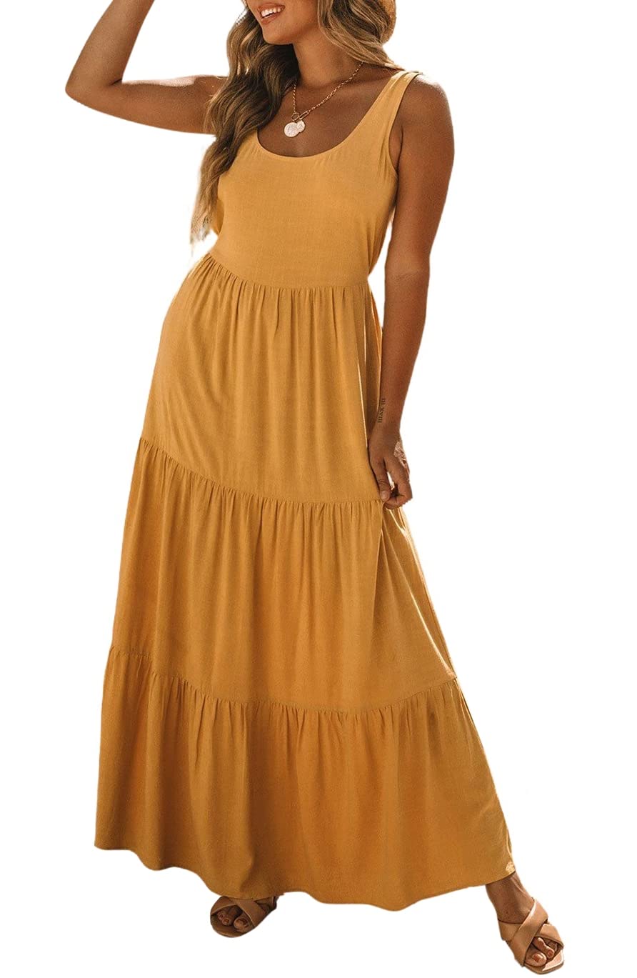 Women's Sleeveless Ruched High Waist Maxi Dress - Summer Beach Long Dress for Women, Boho Flowy Vacation Dress for Pool Party, Wedding Guest & Tropical Getaway