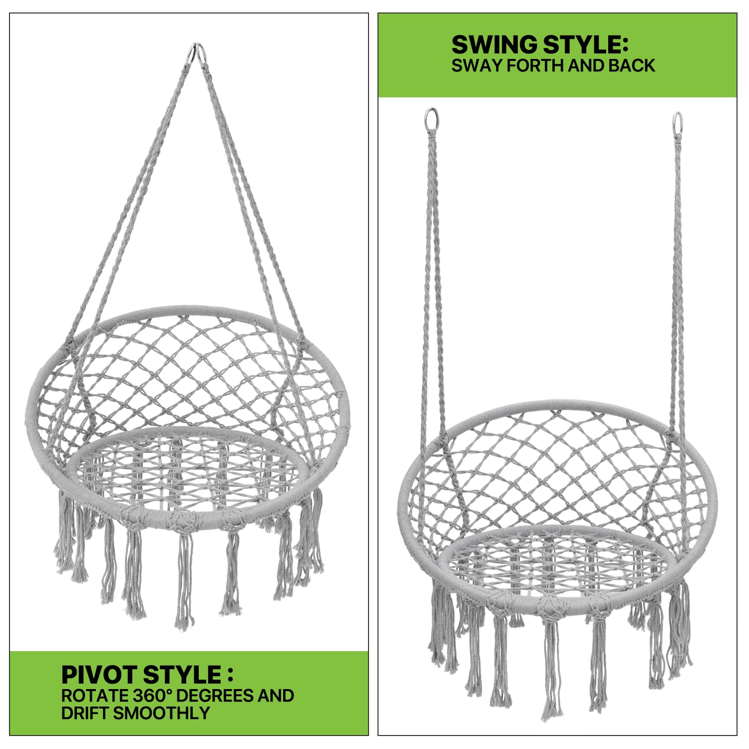 Magshion Macrame Hanging Hammock Chair with Full Cushion - 350 Lbs Capacity Indoor/Outdoor Boho Swing Chair with Tassels - Perfect for Living Room, Bedroom, Porch & Garden Relaxation (Gray)
