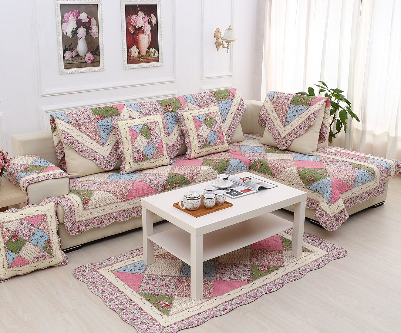Floral Patchwork Cotton Sofa Cover - Anti-Slip Embroidered L-Shaped Sectional Couch Cover, Super Soft Quilted Thick Sofa Slipcover for Pets & Kids (Pink, 28x28 inches) - Perfect for Living Room, Family Room & Pet-Friendly Homes