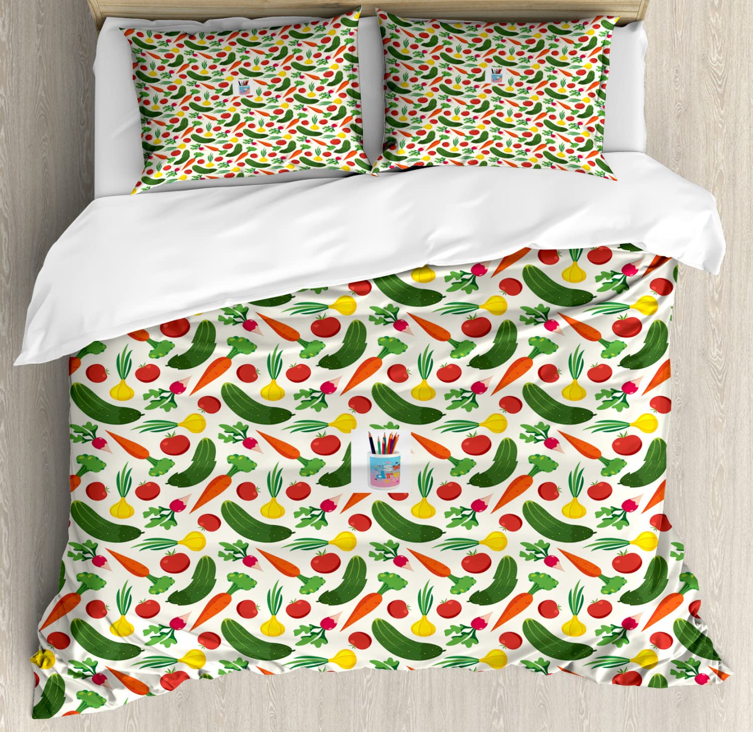 Ambesonne Vegetable Duvet Cover Set - Queen Size 2-Pack with 4 Pillowcases | Cartoon Pickle, Onion & Tomato Print on Off-White Background | Soft Bedding for Vegetarian & Kitchen-Themed Decor | Perfect for Guest Rooms, Kids' Bedrooms & Farmhouse Style Homes