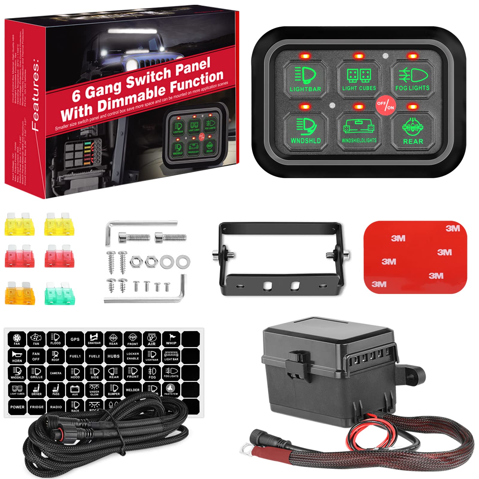 Muto-Beam 6 Gang Switch Panel - Universal Automatic Dimmable Circuit Control Relay System, Waterproof Slim Touch Panel with Harness & Label Stickers for Truck, Boat, SUV - 2 Year Warranty | Perfect for Off-Road, Marine & RV Electrical Upgrades