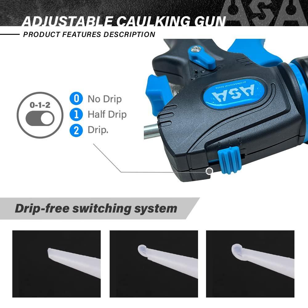 ASA Black Caulking Gun - Drip-Free Caulk Gun with Ergonomic Steel Handle, Adjustable 9:1 or 18:1 Thrust Ratio for 1/10 Gallon Cartridges - Ideal for Post-Disaster Recovery, Home Repairs, and DIY Projects