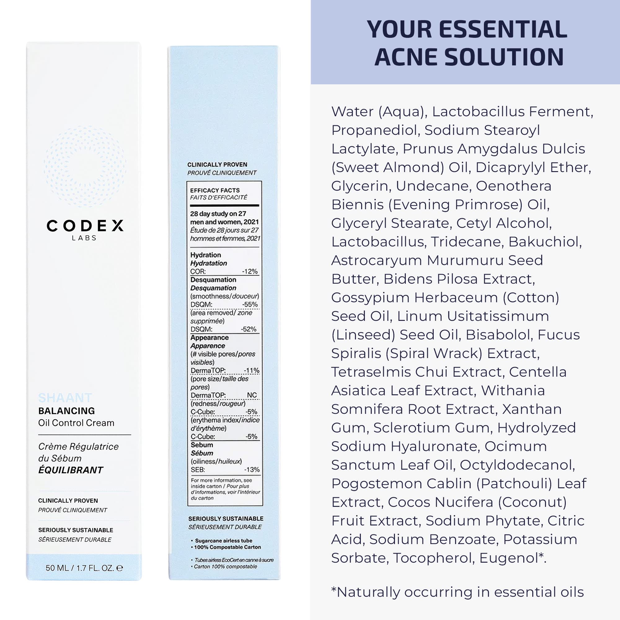 Codex Labs Shaant Balancing Face Cream - Vegan & Cruelty-Free Moisturizer with 1% Bakuchiol & Ashwagandha - Plant-Based Retinol Alternative for Oily & Acne-Prone Skin - Oil Control & Hydration - 1.7oz/50ml - Perfect for Daily Skincare Routine & Nighttime Use