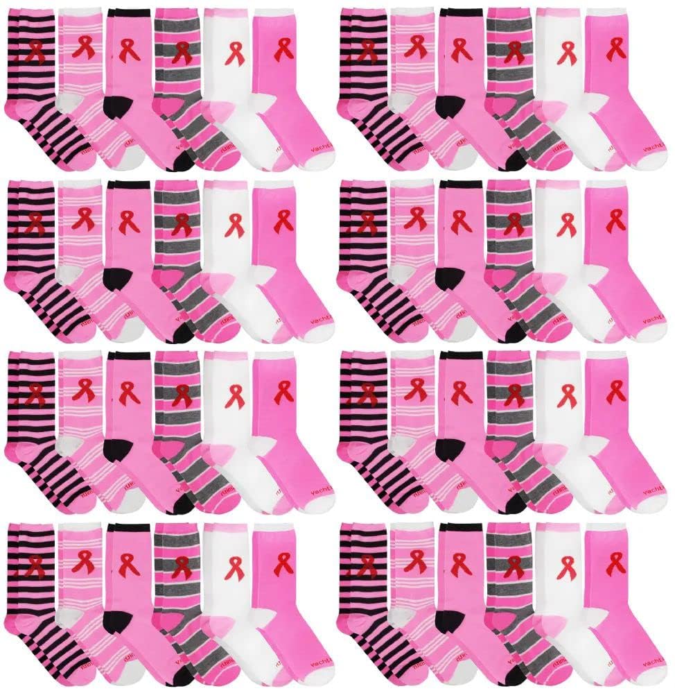 Yacht & Smith 60 Pairs Pink Ribbon Breast Cancer Awareness Socks for Women - Ankle & Crew Socks (Assorted Crew B) - Comfortable Support Socks for Cancer Survivors, Fundraisers & Awareness Events