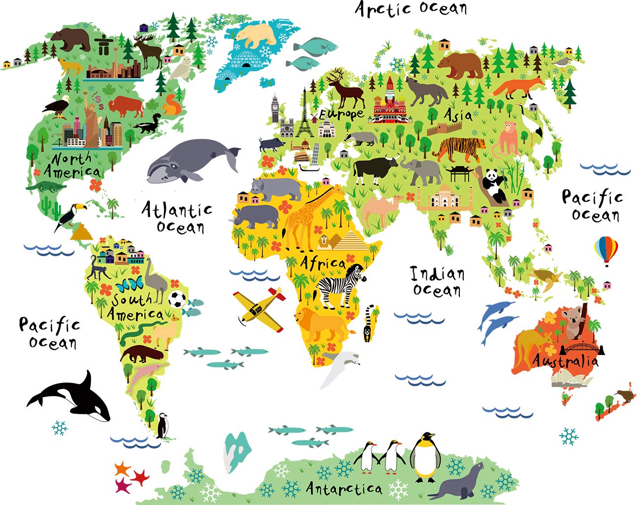 HomeEvolution Large Kids Educational Animal Landmarks World Map Wall Decals - Peel & Stick Nursery Wall Art for Boys & Girls - Perfect for Classroom, Playroom & Bedroom Decor