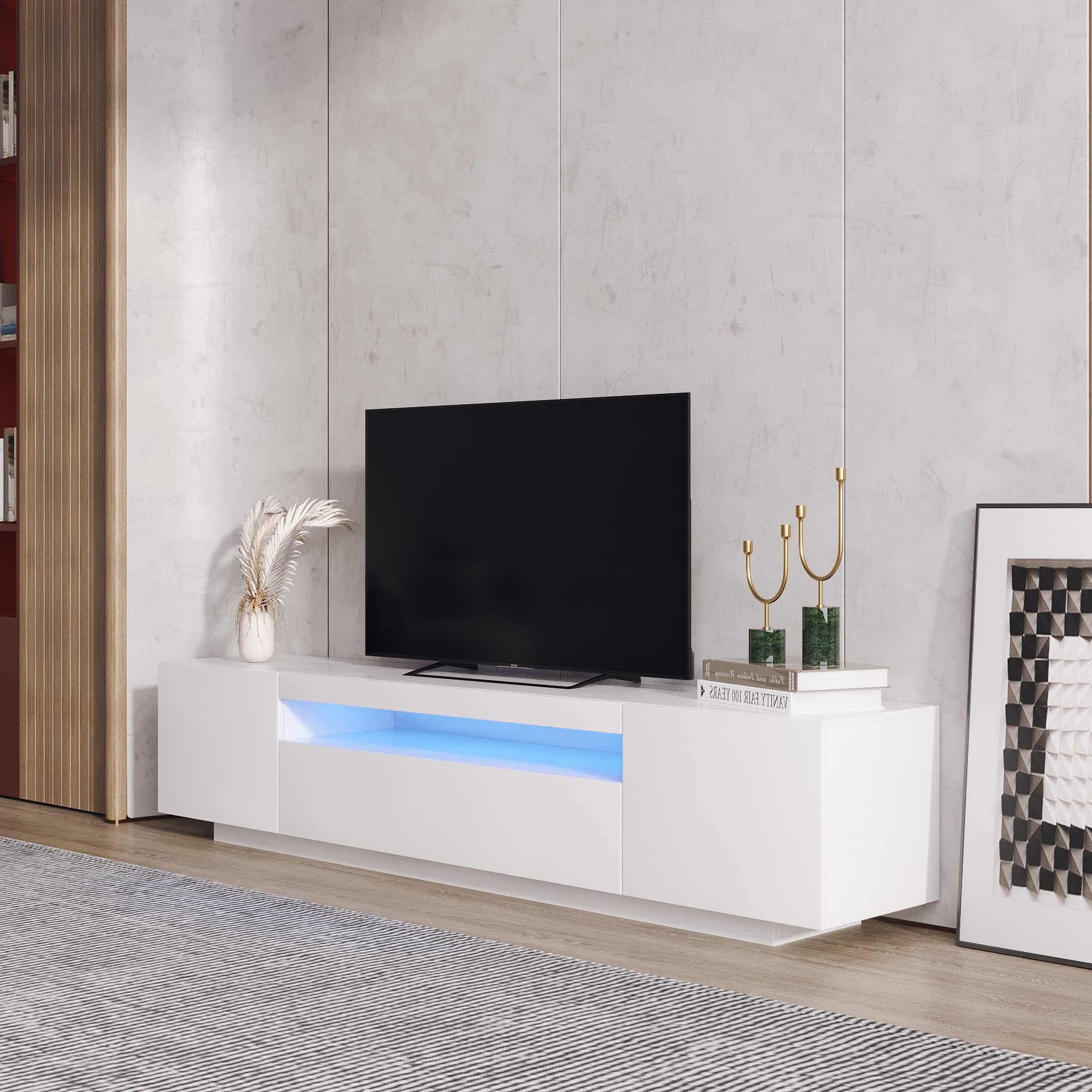 Ucloveria 79 Inch White Modern LED TV Stand with Lights & Storage Drawers - Entertainment Center Media Console for 45-80 Inch TVs (78.74