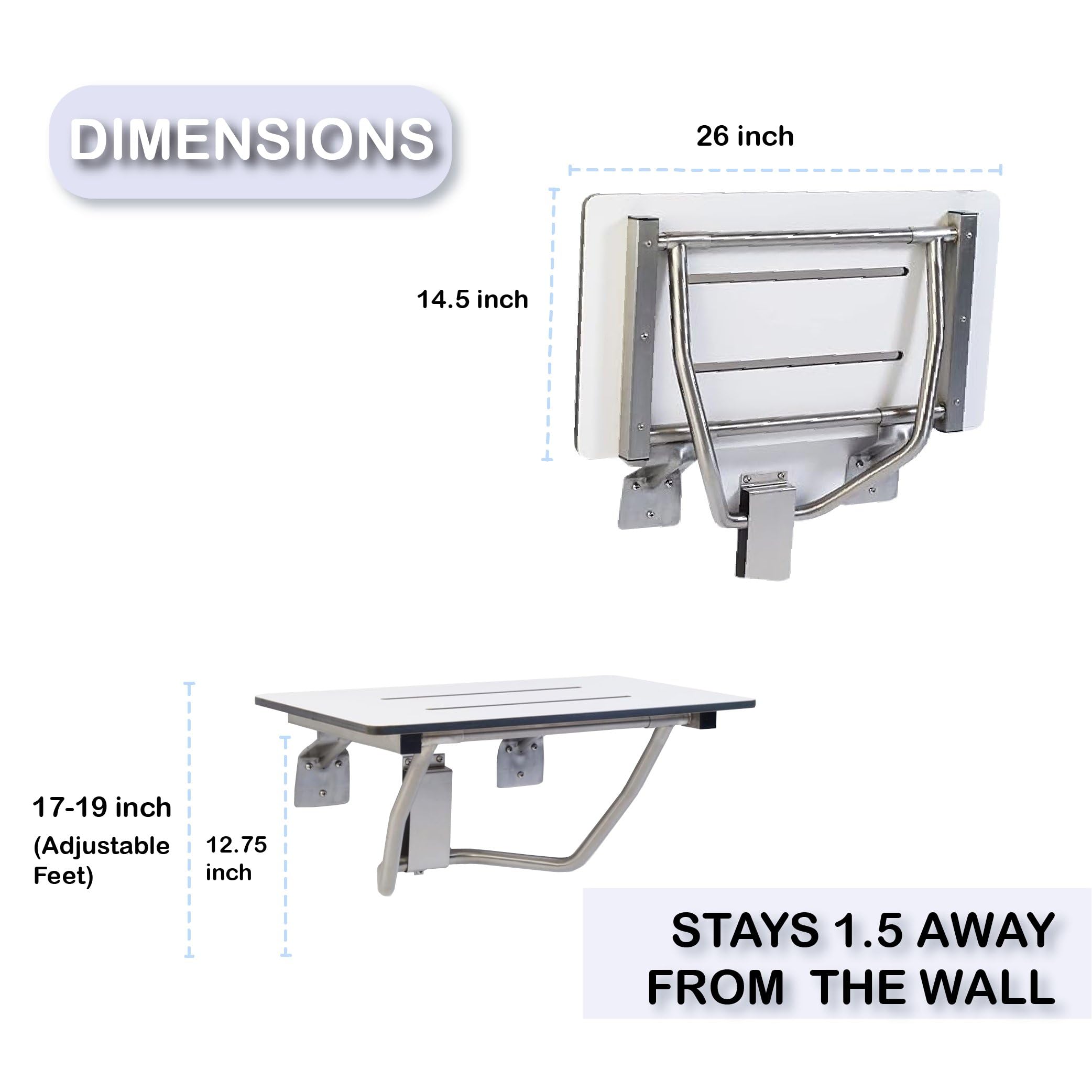Foldable Shower Chair for Elderly & Disabled - ADA Compliant Wall Mounted Shower Seat with 400 lb Weight Capacity - Waterproof Phenolic Resin & 304 Stainless Steel Shower Stool (26