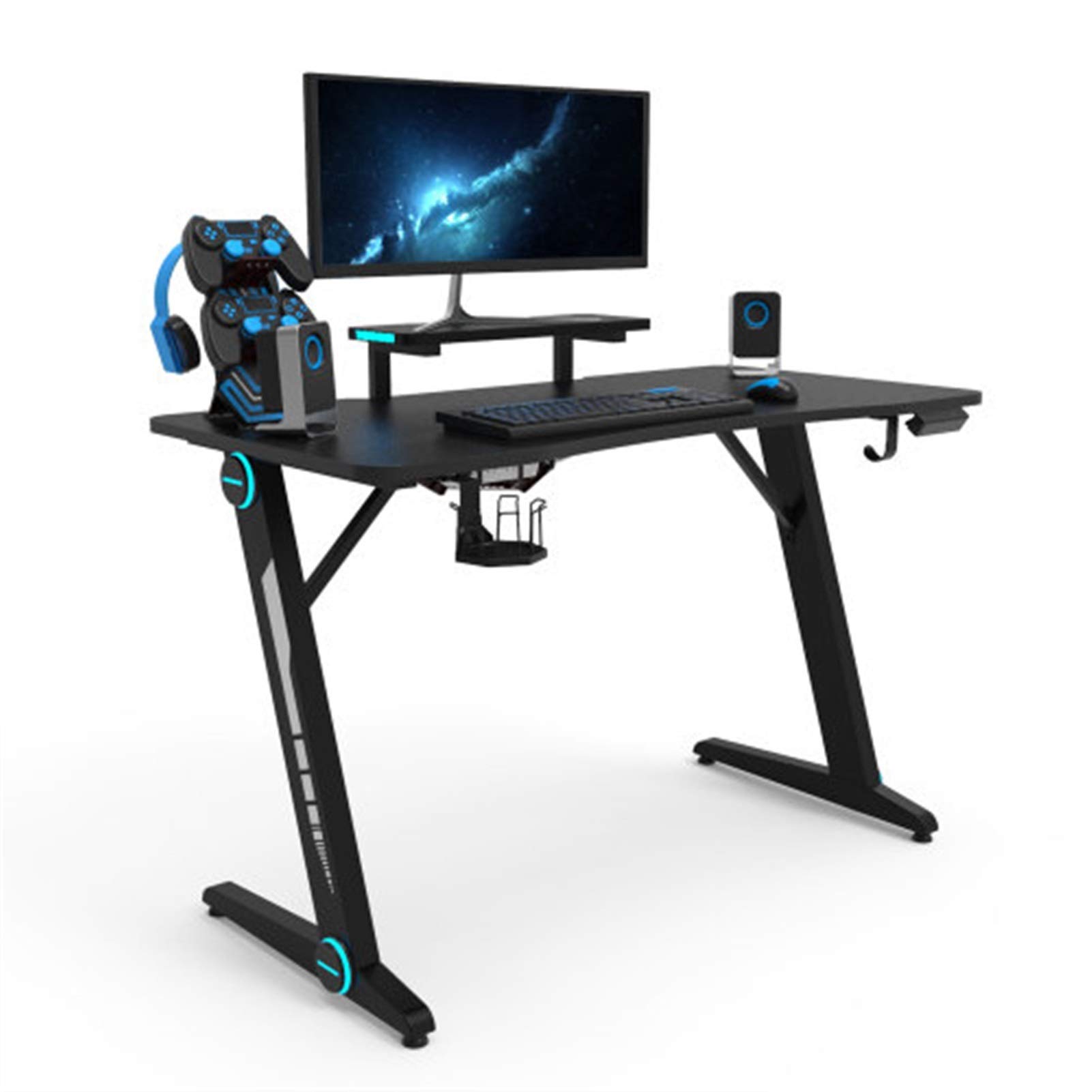 Premium U/D GYDQX Z-Shaped Gaming Desk with RGB Lights - Ergonomic Computer Workstation with Carbon Fiber Surface, Monitor Stand, Cup Holder & Headphone Hook - Perfect for Esports, Streaming & Home Office Setup