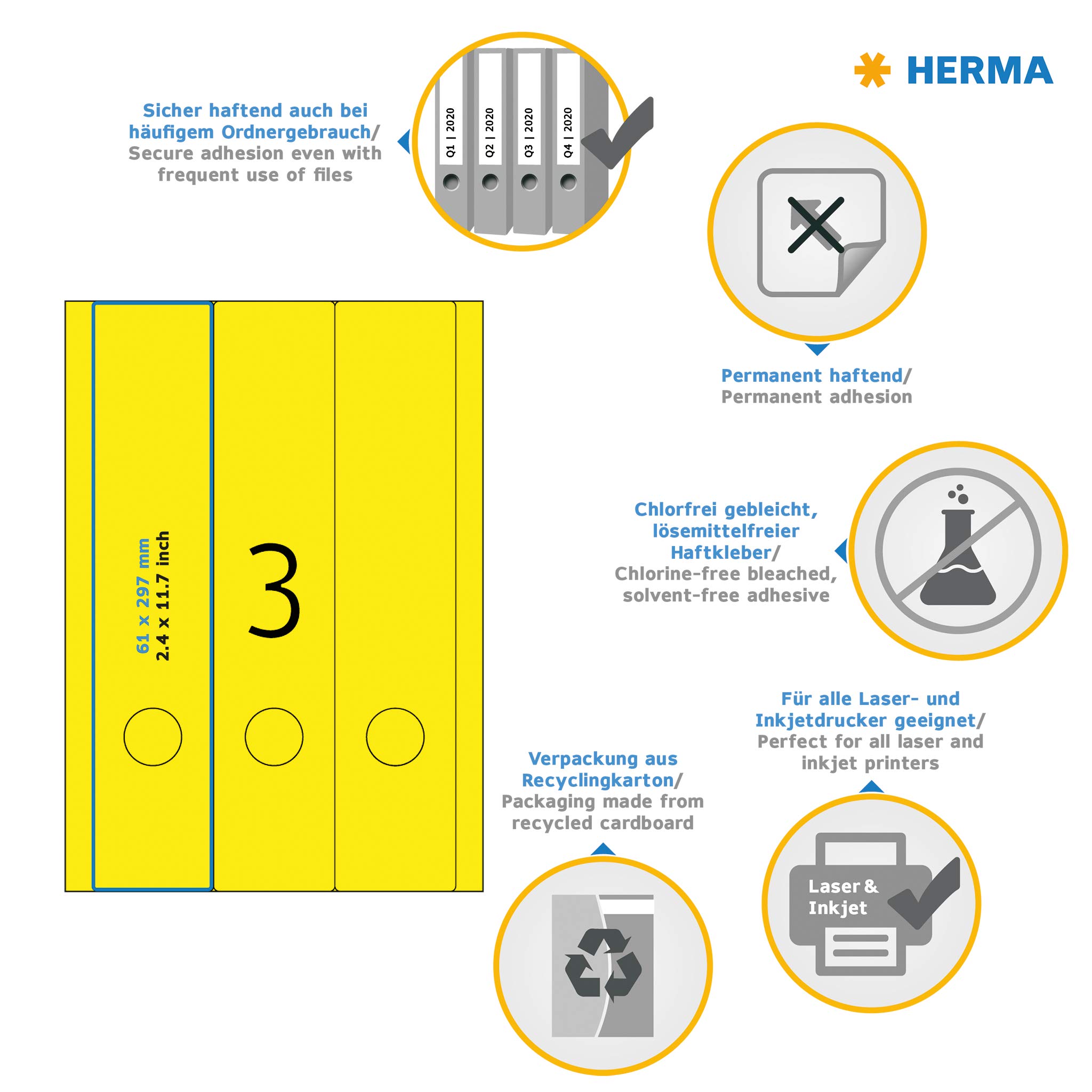 HERMA Self Adhesive Spine Labels - 60 Blank Yellow Labels (3 per A4 Sheet, 20 Sheets) 61x297mm for Laser & Inkjet Printers - Perfect for Lever Arch Files, Binders & Office Organization