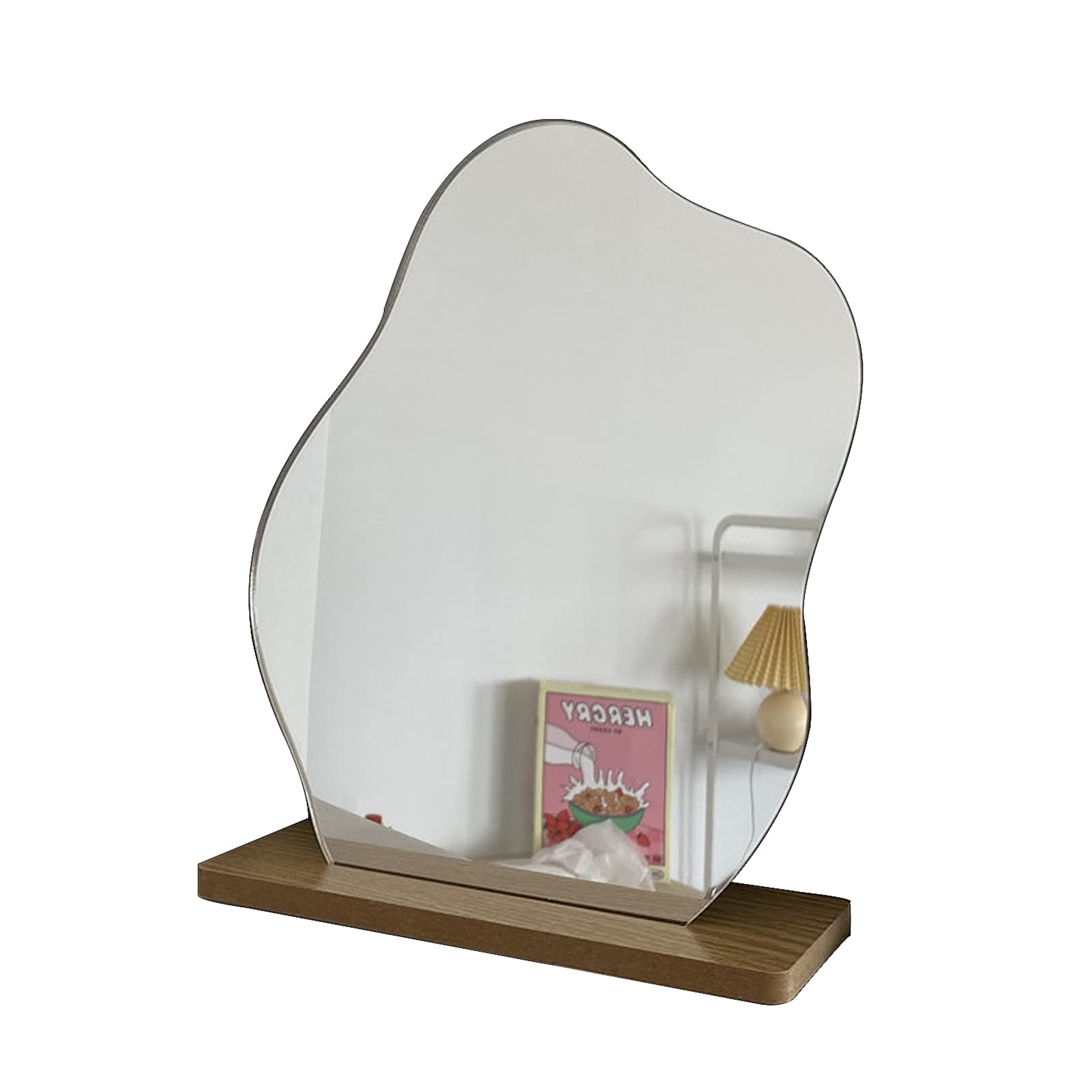 Frameless Vanity Mirror with Wooden Stand – 8''x9'' Elegant Beveled Edge Design, Makeup Mirror & Photo Prop for Daily Use | Perfect for Dressing Table, Bedroom Decor, and Instagram Aesthetics