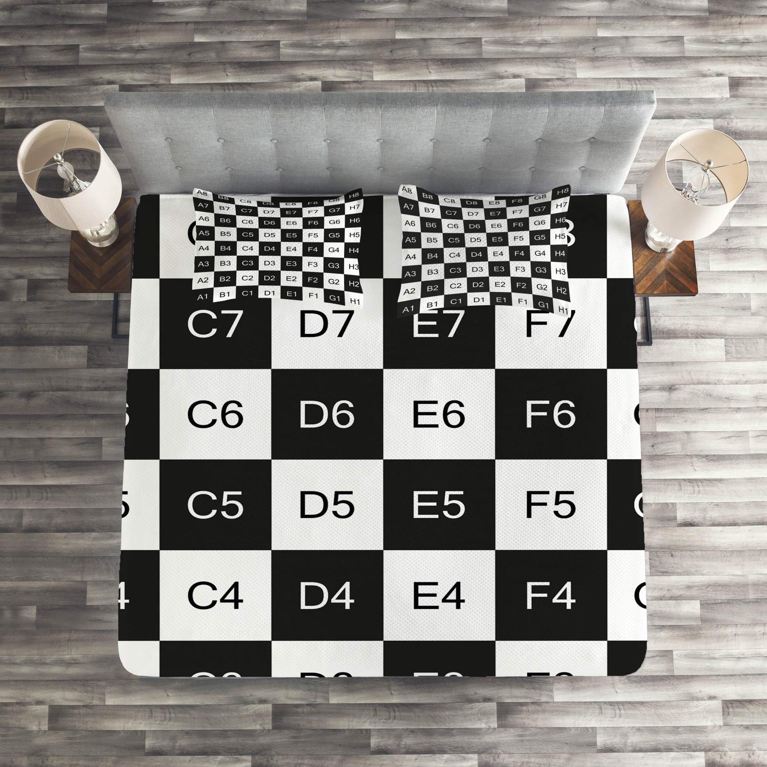 Ambesonne King Size 3-Piece Checkers Game Bedspread Set - Monochrome Chess Board Design with Tile Coordinates Mosaic Pattern, Includes Quilted Coverlet & 2 Pillow Shams (Black & White) | Perfect for Game Room Decor, Bedroom Makeover or Chess Lover's Gift