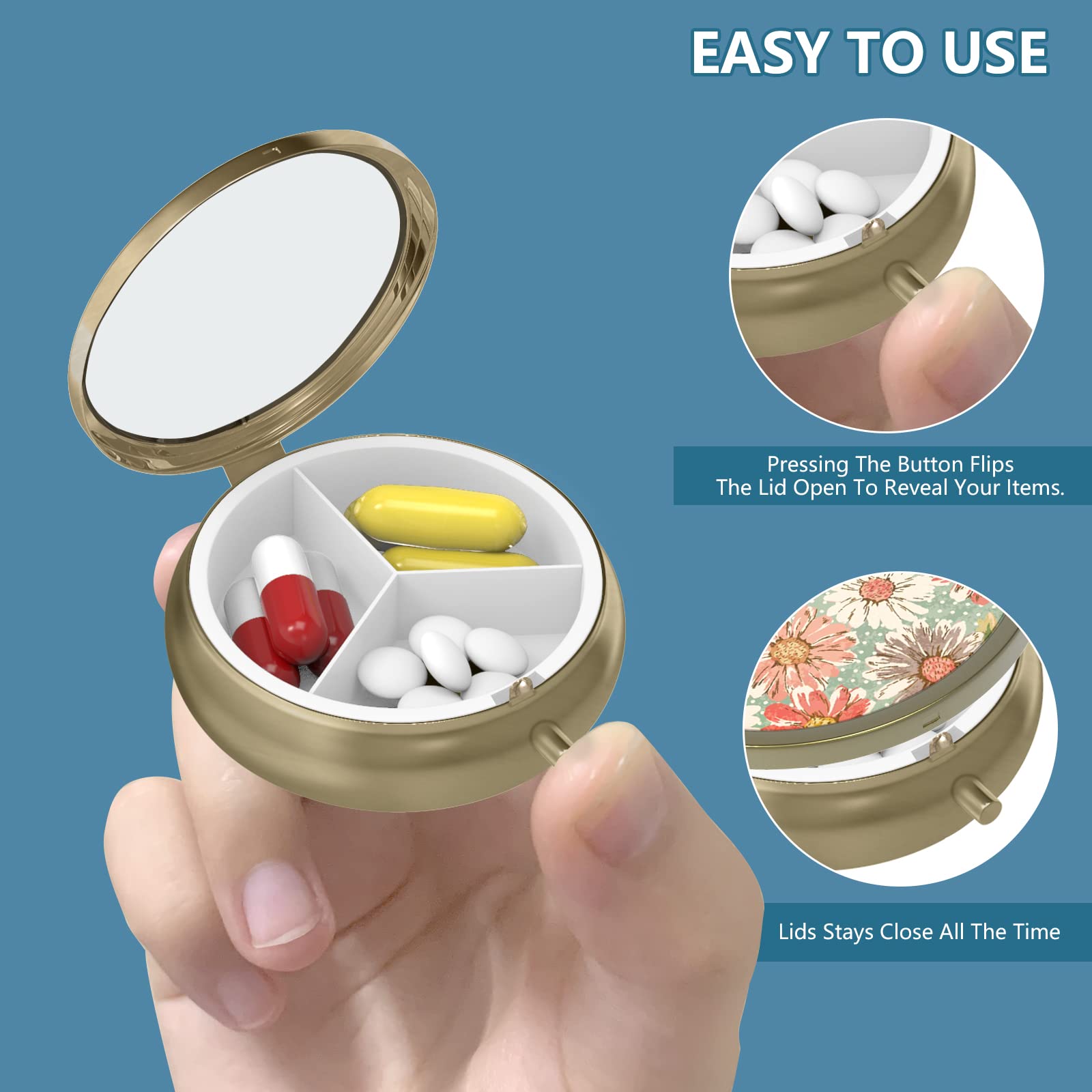 3-Compartment Portable Pill Organizer - Decorative Metal Medicine Case for Vitamins & Pills - Compact for Pocket or Purse - Unique Gift Idea (Blue Cracked Marble Design) - Perfect for Travel, Daily Medication & Elderly Care