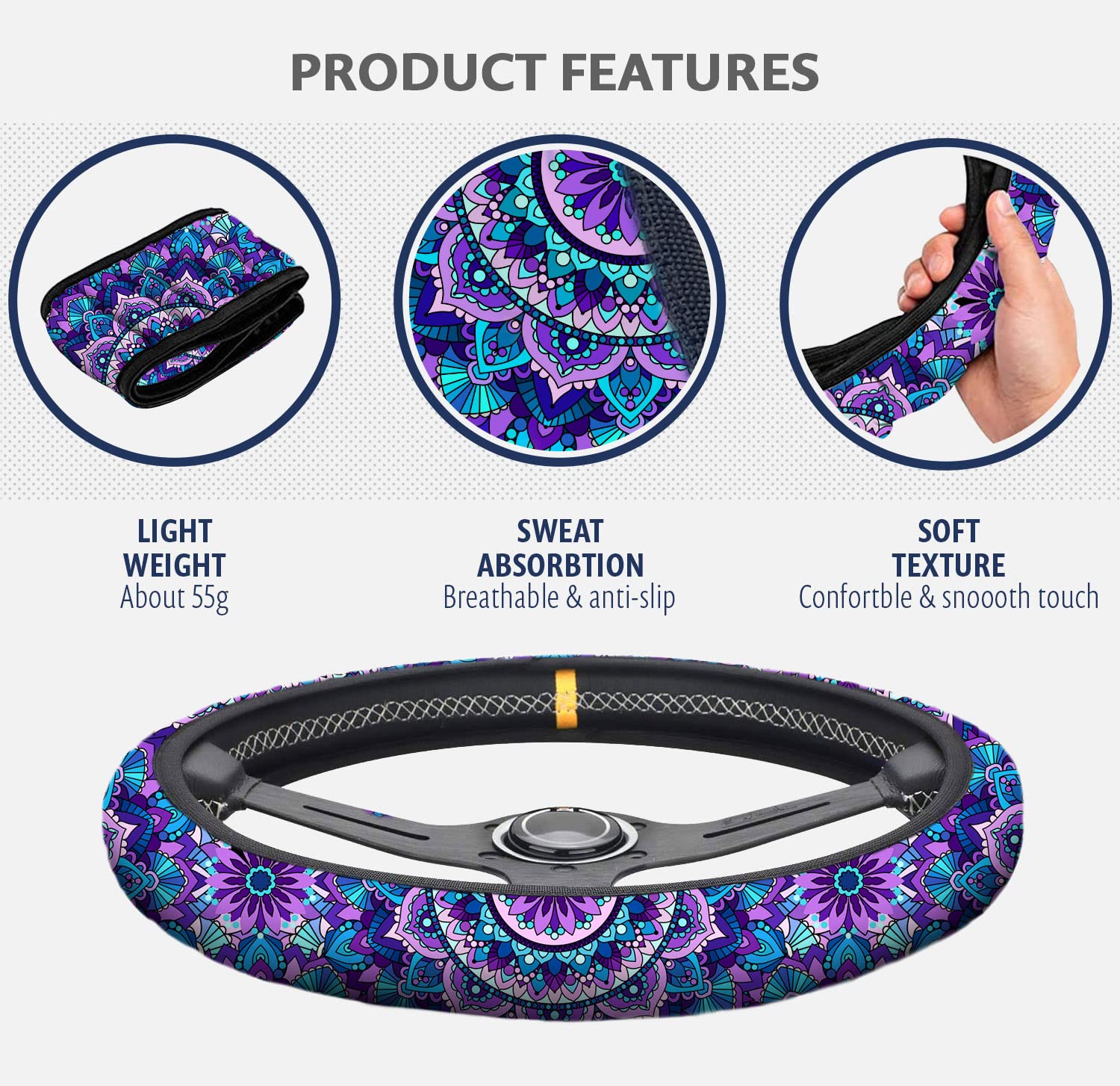 4-Piece Purple Lotus Mandala Steering Wheel Cover Set with 2 Non-Slip Cup Coasters & Keychain - Universal Fit 14-15.5 Inch - Stylish Car Accessories for Women, Boho Decor & Safe Driving