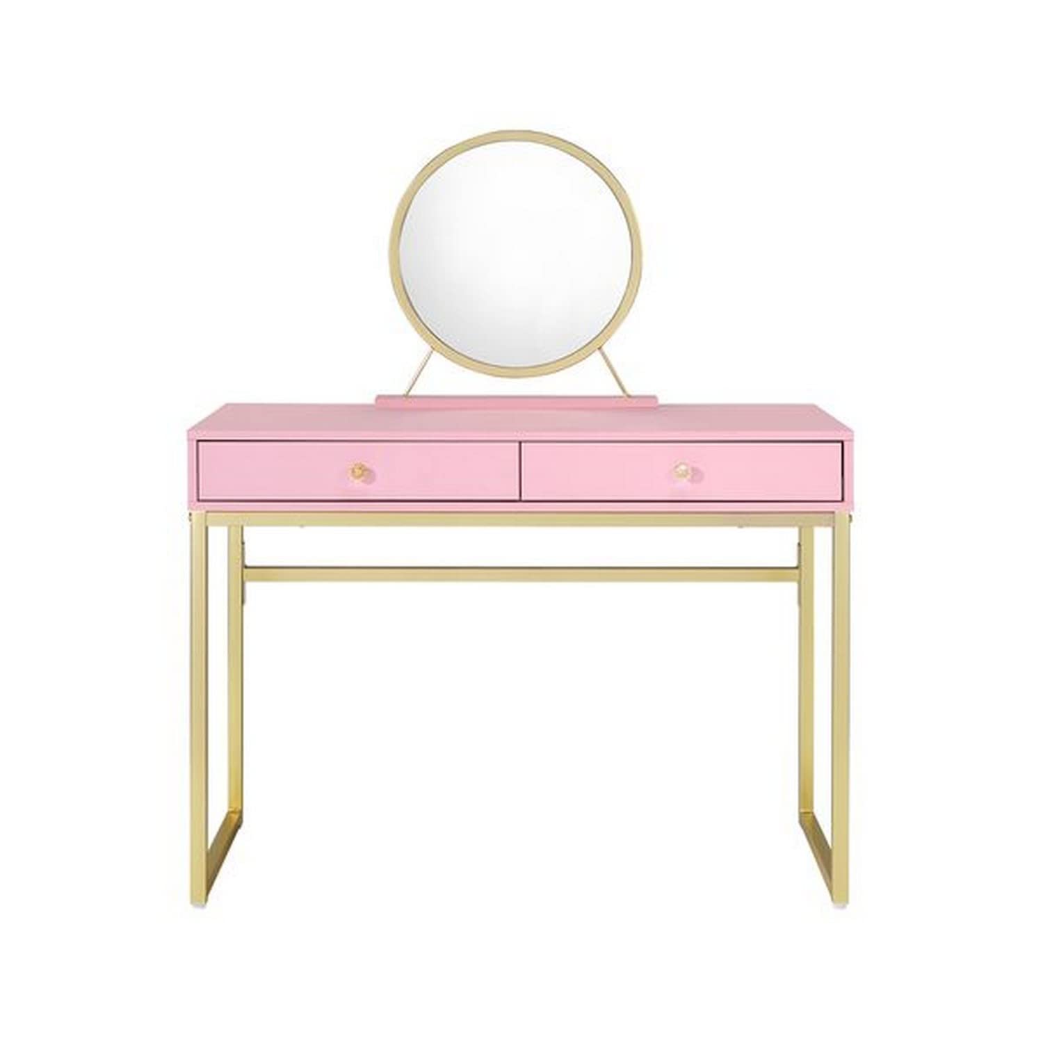 Elegant Pink and Gold Vanity Desk with Removable Mirror & Open Metal Frame - Perfect for Bedroom Makeup & Dressing Table Organization