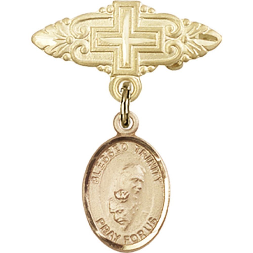 Gold Filled Baby Badge with Blessed Trinity Charm & Cross Pin - 1 X 3/4 Inch Religious Jewelry for Baptism, Christening & First Communion Gifts