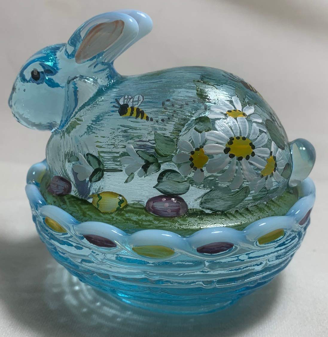 Handpainted Blue Opalescent Glass Easter Bunny Rabbit on Covered Dish - Vintage Mosser Glass Collectible for Easter Decorations, Table Centerpiece & Holiday Gift