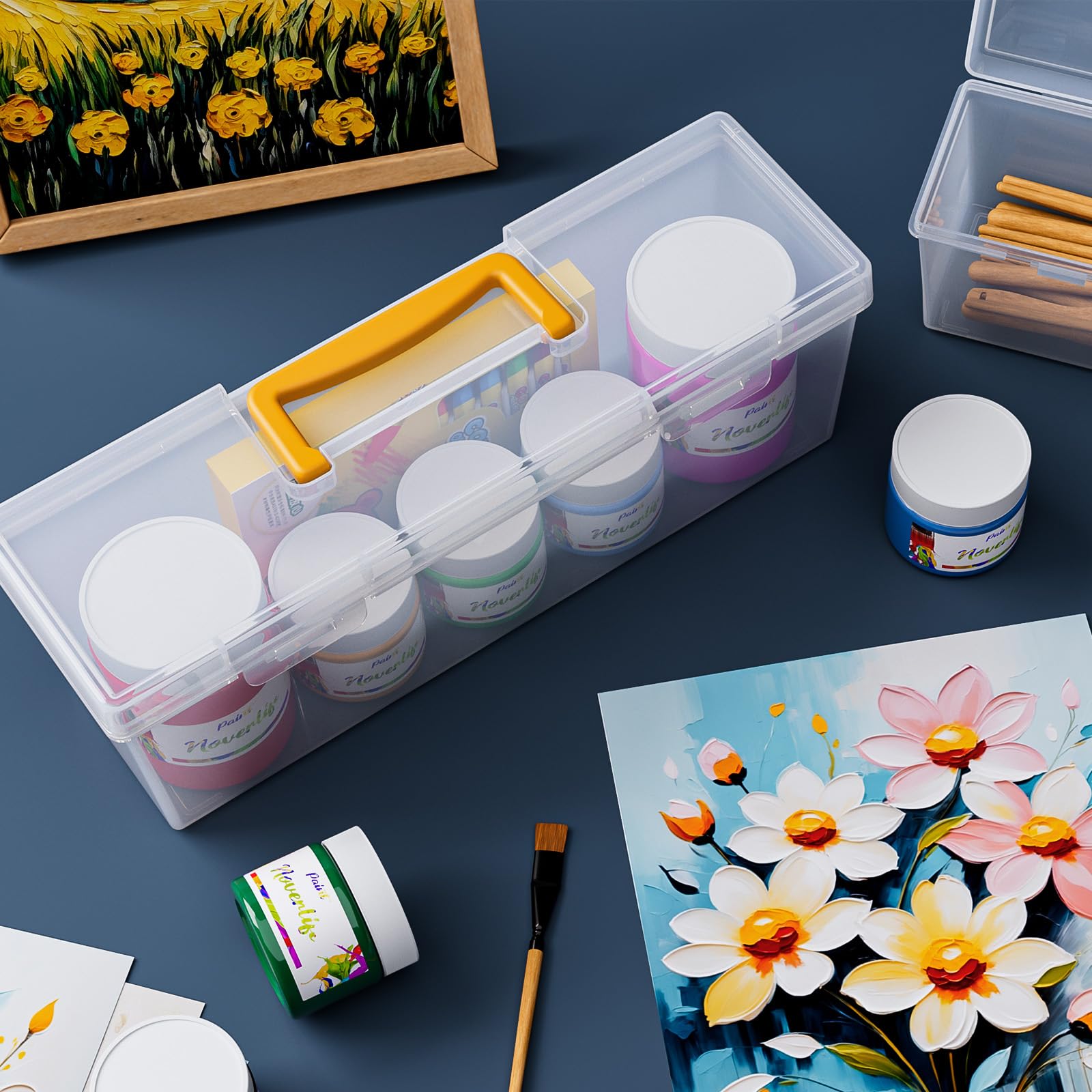 Udefineit 2-Size Acrylic Paint Storage Box with Yellow Handle - Thickened Craft Organizer Holds 20 Bottles of 2oz Apple Barrel Paints | Perfect for Artists, DIY Projects & Classroom Paint Storage