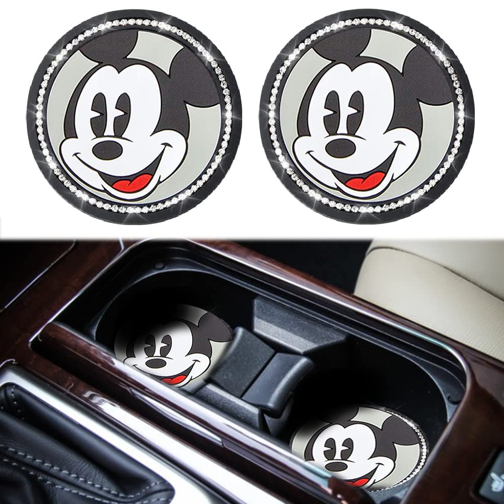 2PCS Black Silicone Anti-Slip Car Cup Holders Coasters with Mickey Mouse Design - Universal Fit Car Interior Accessories for Coffee, Drinks & Beverages - Perfect for Road Trips, Commuting and Family Travel