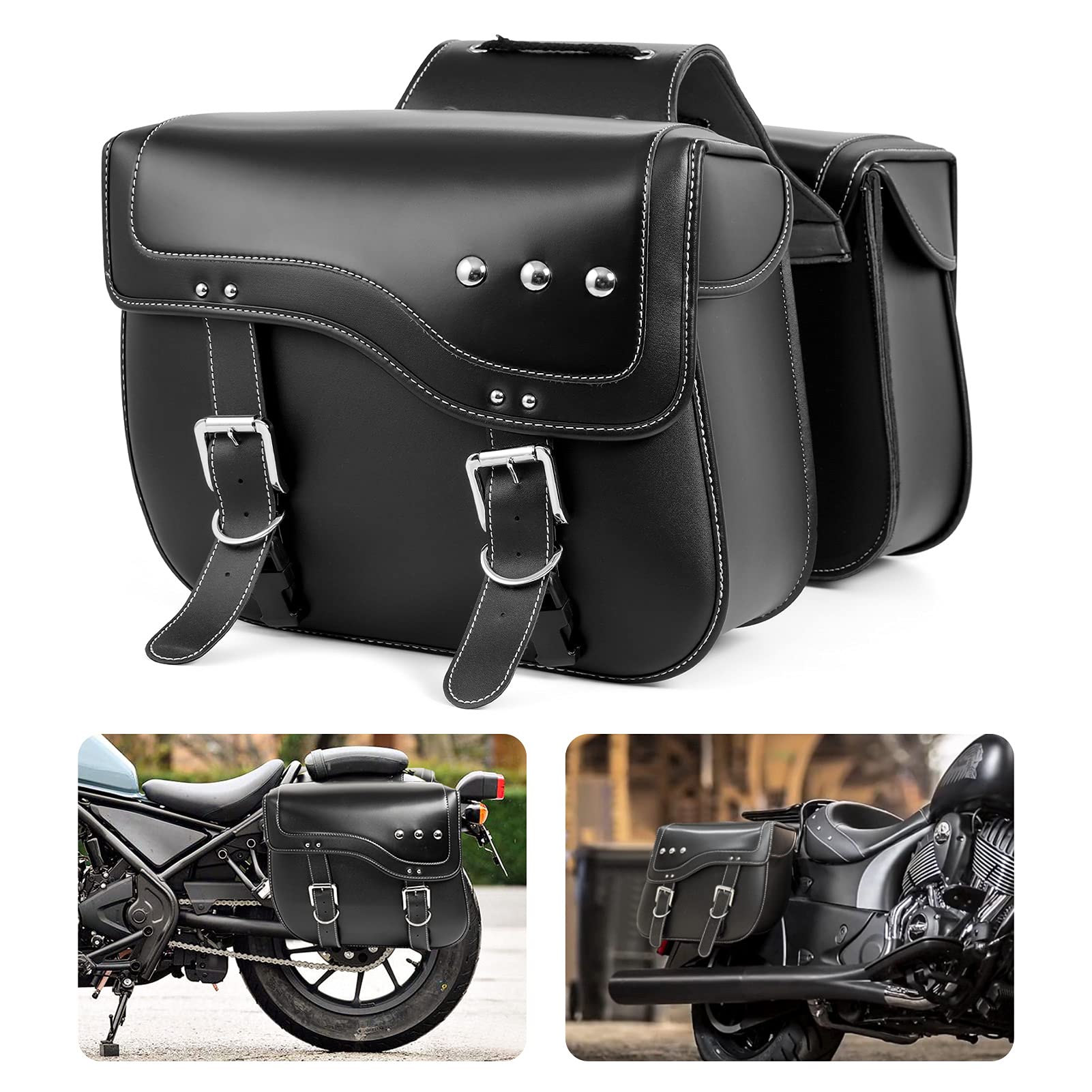 Universal Motorcycle Saddlebags - Newruiheng Synthetic Leather Side Bags for Harley Sportster, Vulcan, Shadow, Softail, Dyna & V-star | Waterproof Storage Tool Bag (Black, Style B) | Perfect for Long Rides, Commuting & Road Trips