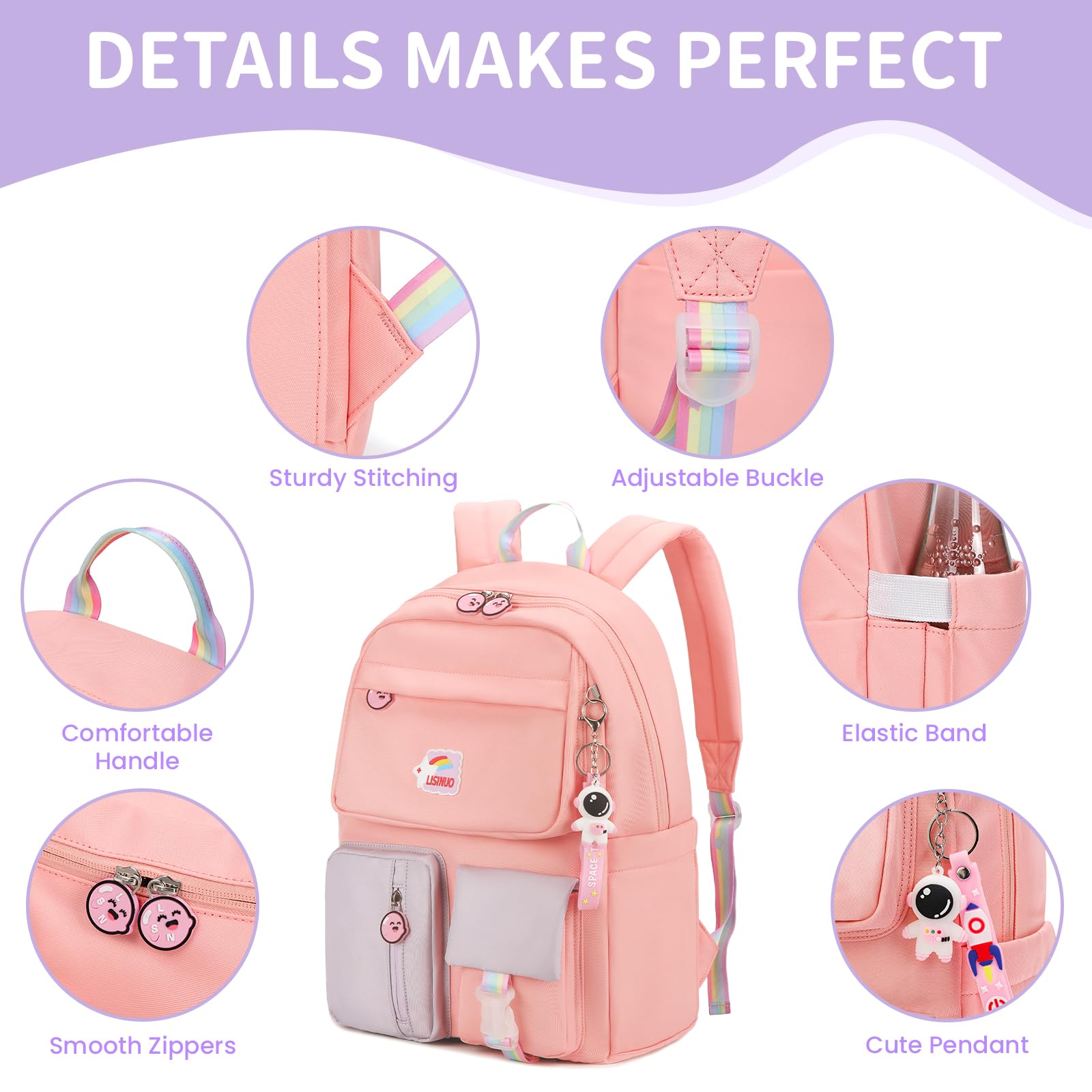 Cute Pink Backpack for Girls - School Bookbag for Teens with Free Pendant - Lightweight & Durable for School, Travel & Daily Use