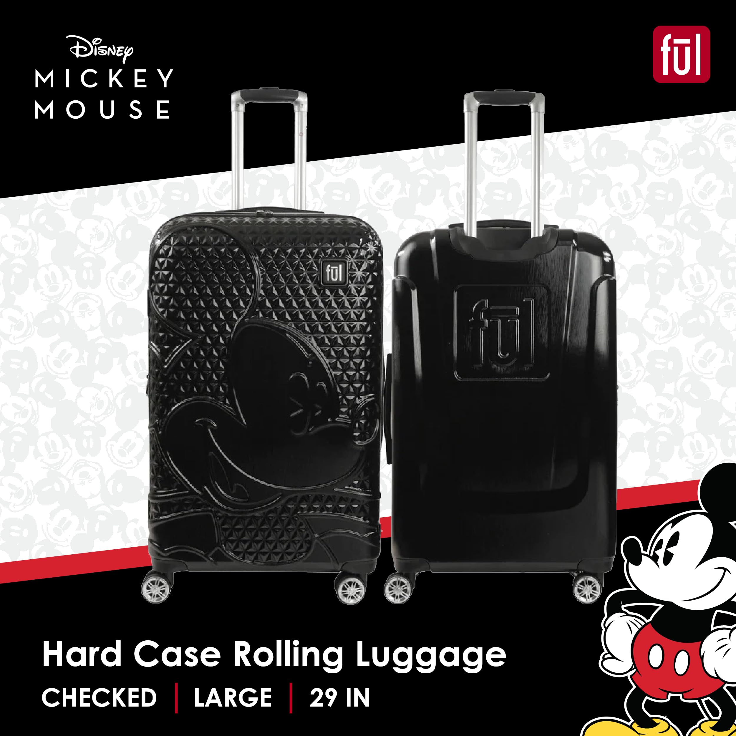 Disney Mickey Mouse 29 Inch Hardshell Spinner Luggage - Black Rolling Suitcase with 360° Wheels for Travel, Vacation & Business Trips