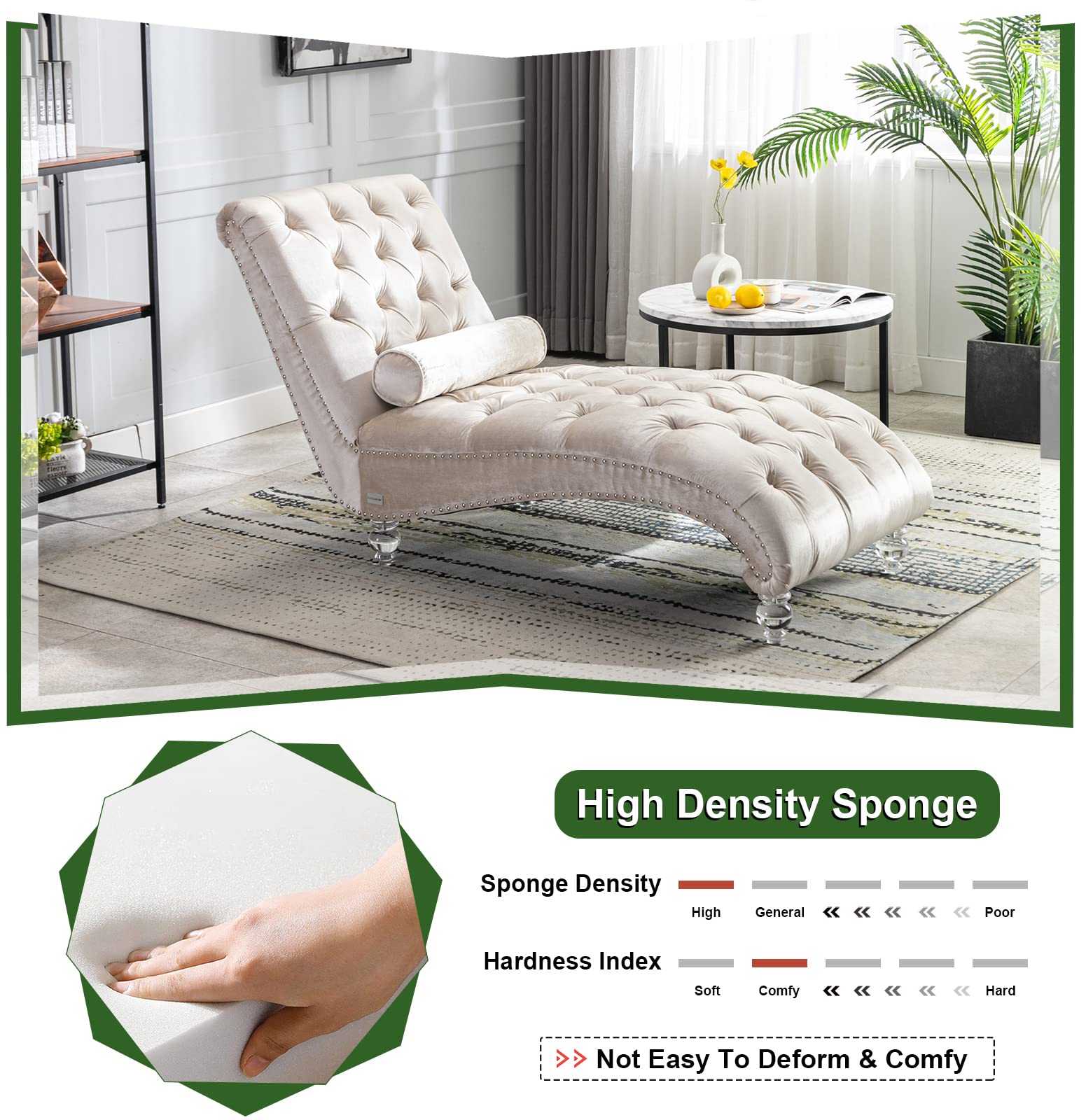 KINFFICT Velvet Chaise Lounge Chair with Toss Pillow - Modern Tufted Button Accent Chair with Sturdy Acrylic Legs - Upholstered Sleeper Chair for Living Room, Bedroom, Office or Nursery - Soft Beige Velvet Fabric - Perfect for Relaxing, Reading & Small Space Decor