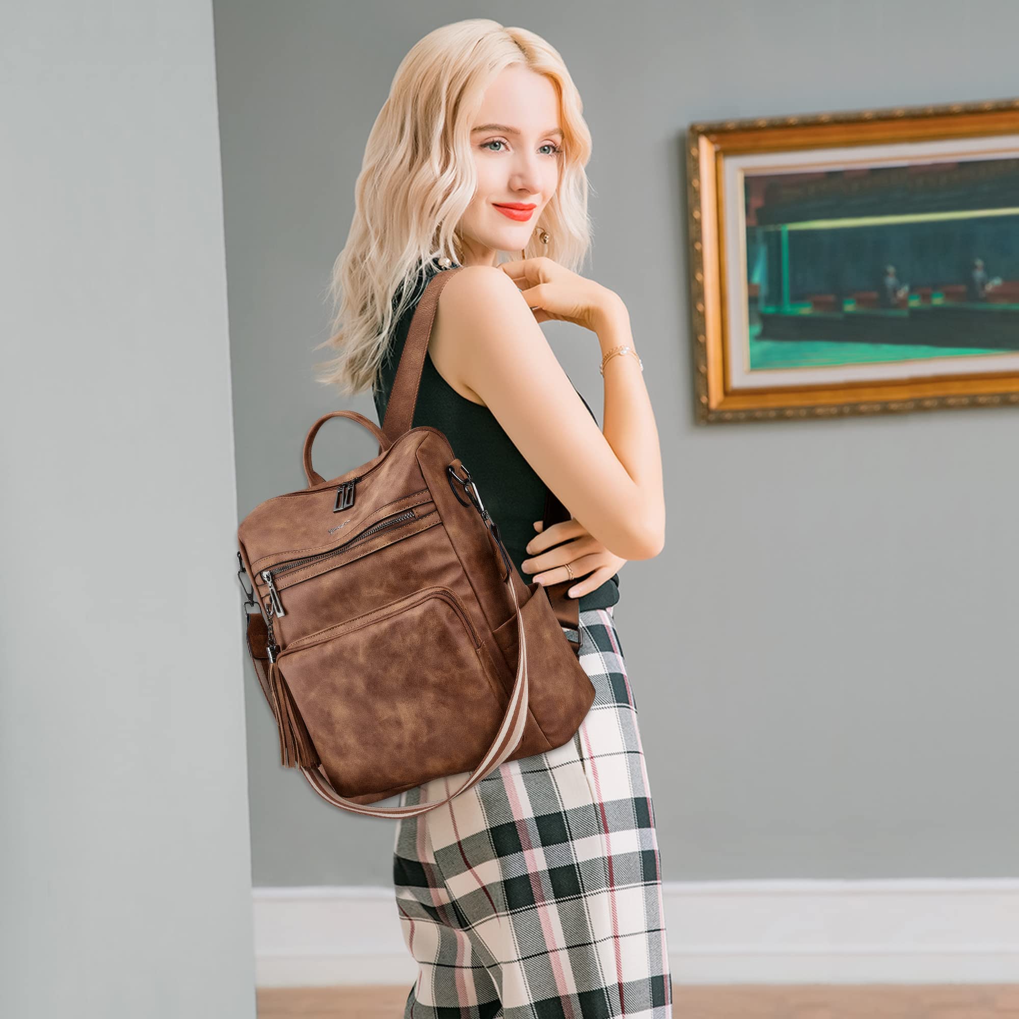 OPAGE Women's Leather Backpack Purse - Fashion Tassel Shoulder Bag for Travel & Work