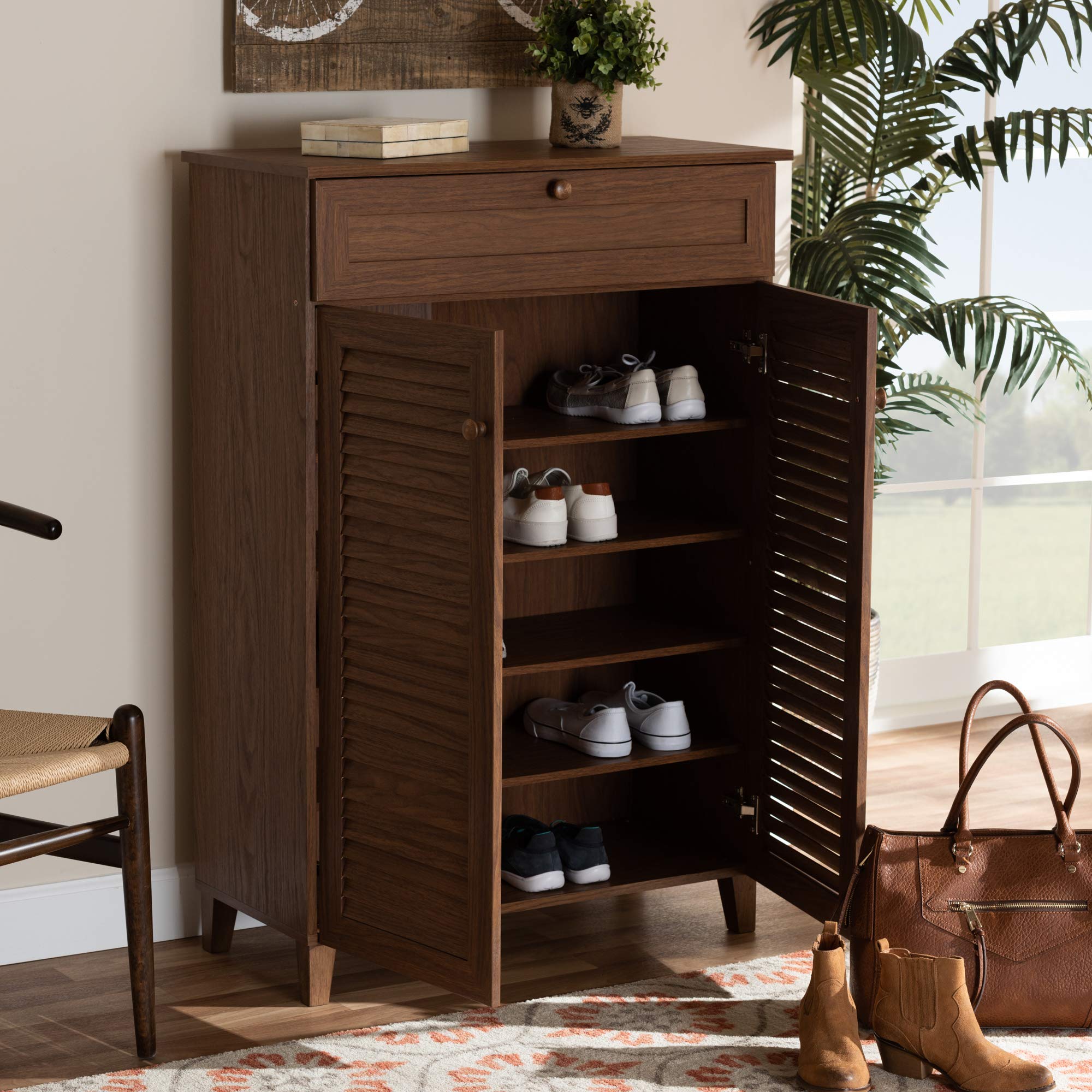 Baxton Studio Shoe Cabinet with Storage - Walnut Finish Entryway Organizer for Shoes & Accessories | Perfect for Small Spaces, Apartments & Closets