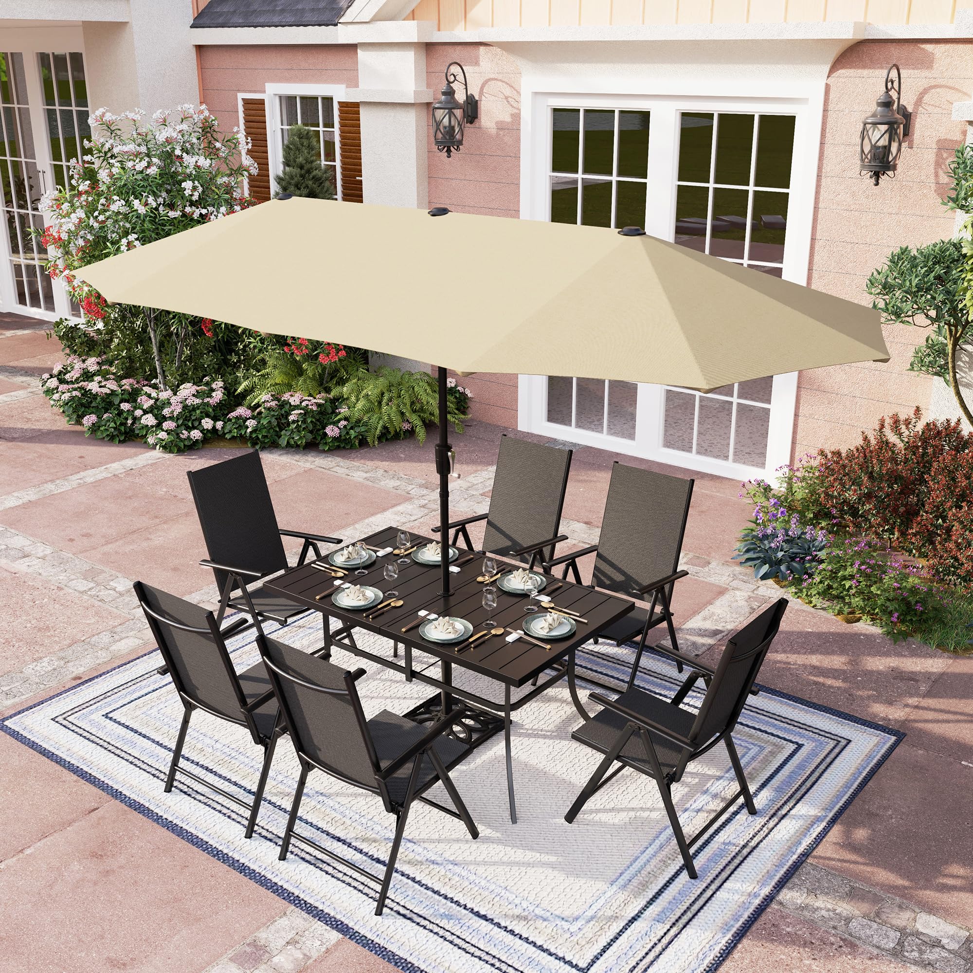 PHI VILLA 7-Piece Outdoor Patio Dining Set with 6 Adjustable Folding Chairs & Beige Umbrella - Black Wicker Furniture for Backyard, Garden, Poolside or Terrace Dining