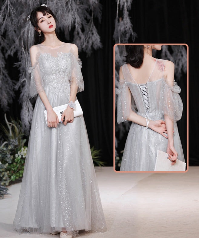 Elegant Gray A-Line Long Prom Dress - Shiny Formal Evening Gown for Bridesmaids & Special Occasions | Perfect for Homecoming, Weddings & Black Tie Events