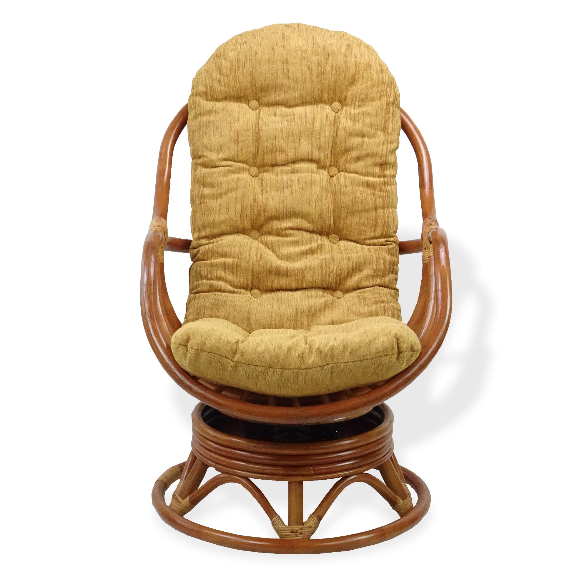 Handmade Natural Rattan Wicker Swivel Rocking Chair with Light Brown Cushion - Bali Lounge Colonial Style for Patio, Porch & Living Room Relaxation