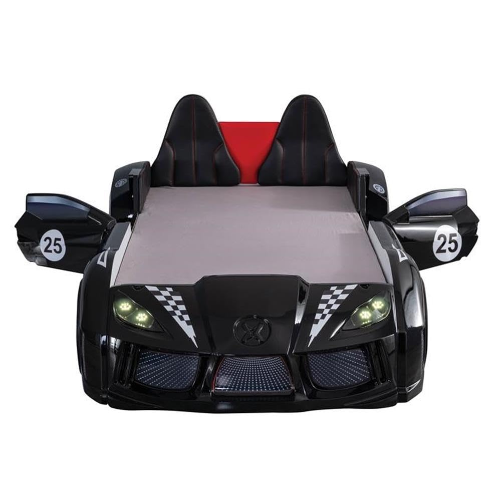 Furniture of America Sonet Plastic Twin Race Black Car Bed with LED Lights - Fun Kids Bedroom Decor for Boys & Girls, Perfect for Themed Rooms & Play Areas