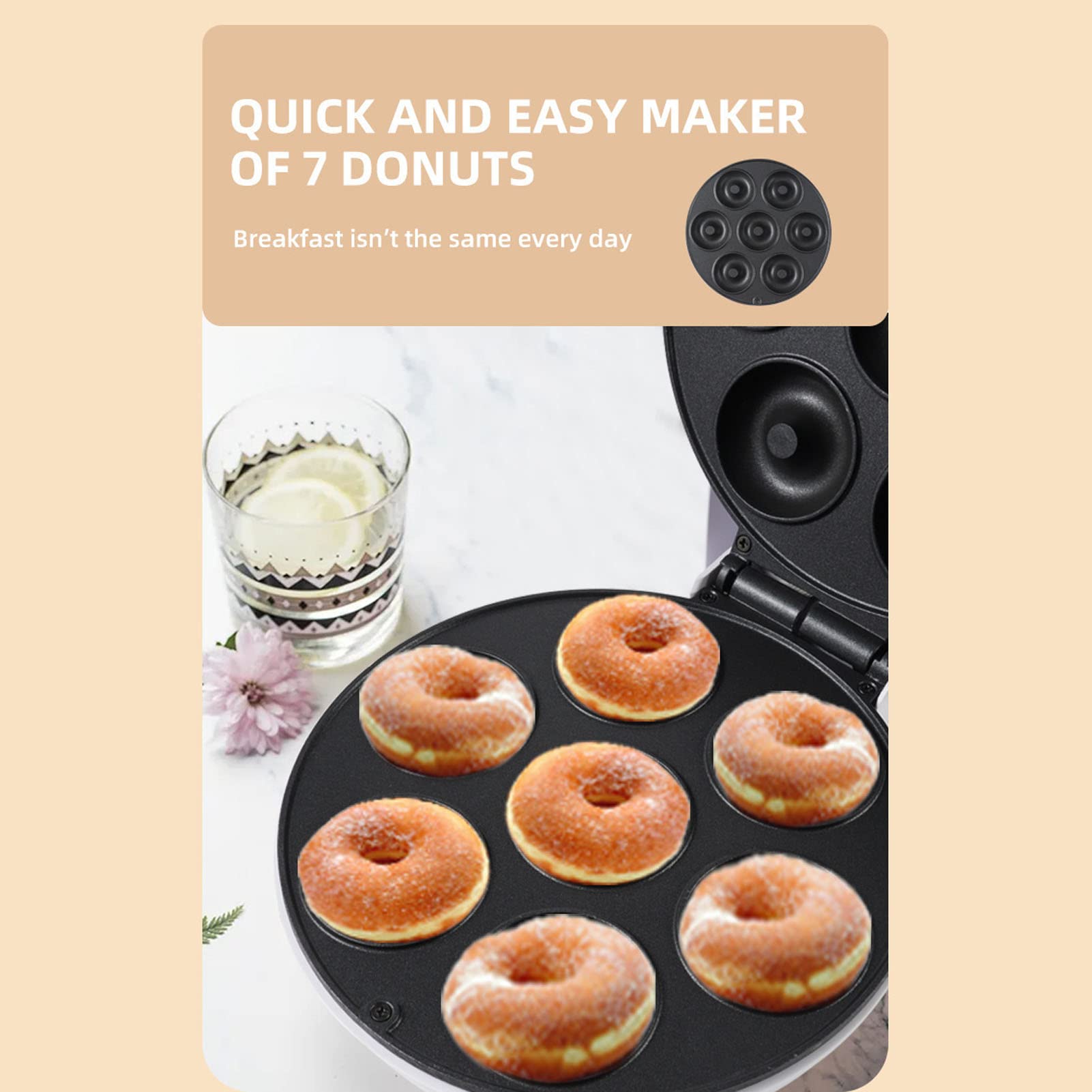 Non-Stick Electric Donut Maker Machine - Makes 7 Mini Donuts at Home | Perfect for Breakfast, Snacks, Desserts & Party Treats | Compact Donut Hole Maker for Quick & Easy Baking