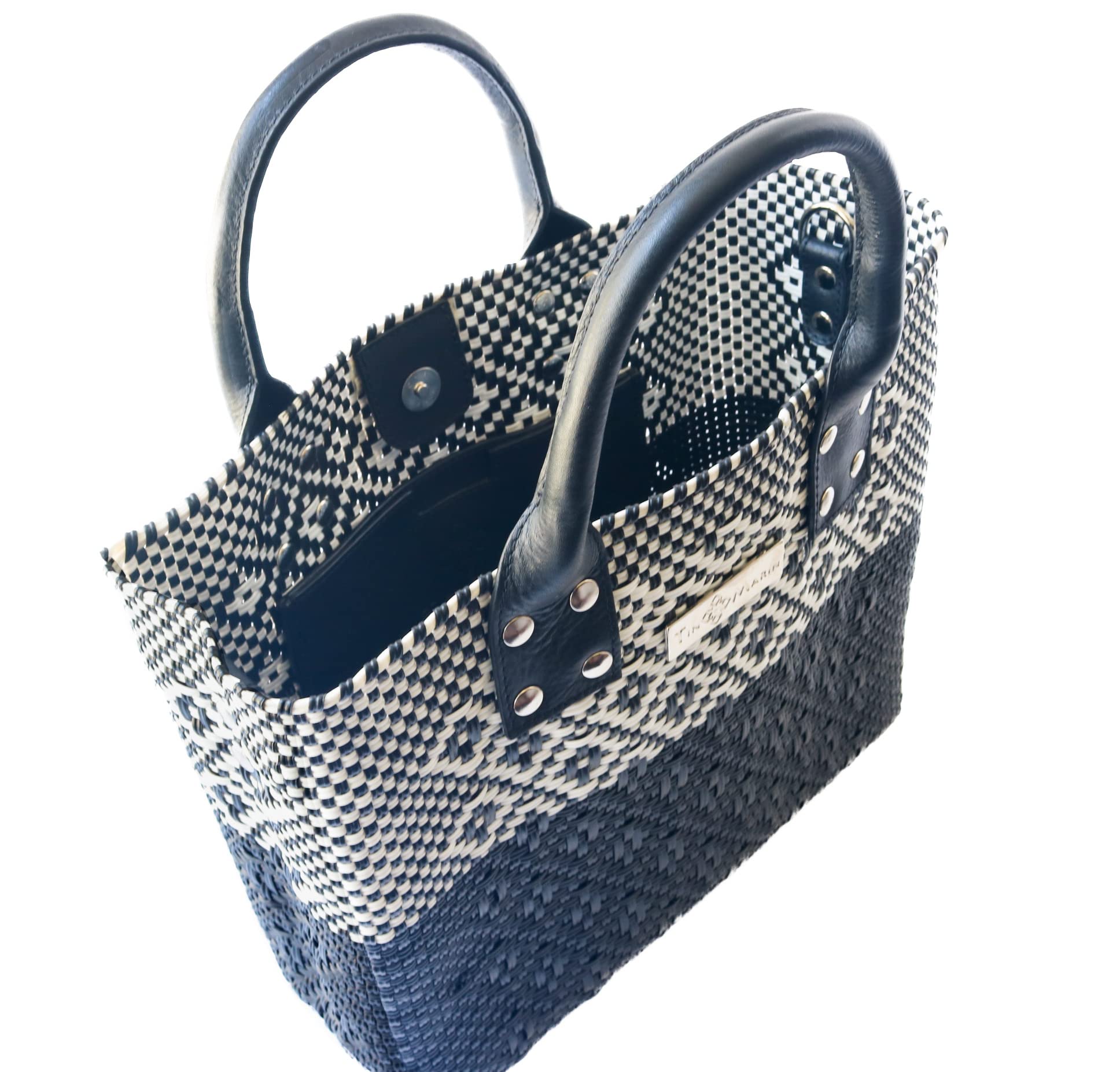 Stylish Black Large Woven Crossbody Bag with Leather Handles & Adjustable Strap - Eco-Friendly Handwoven Recycled Plastic Purse | Mexican Oaxaca Tote for Women | Perfect for Summer, Work & Everyday Use | Casual Outings, Beach Trips & Office Commute
