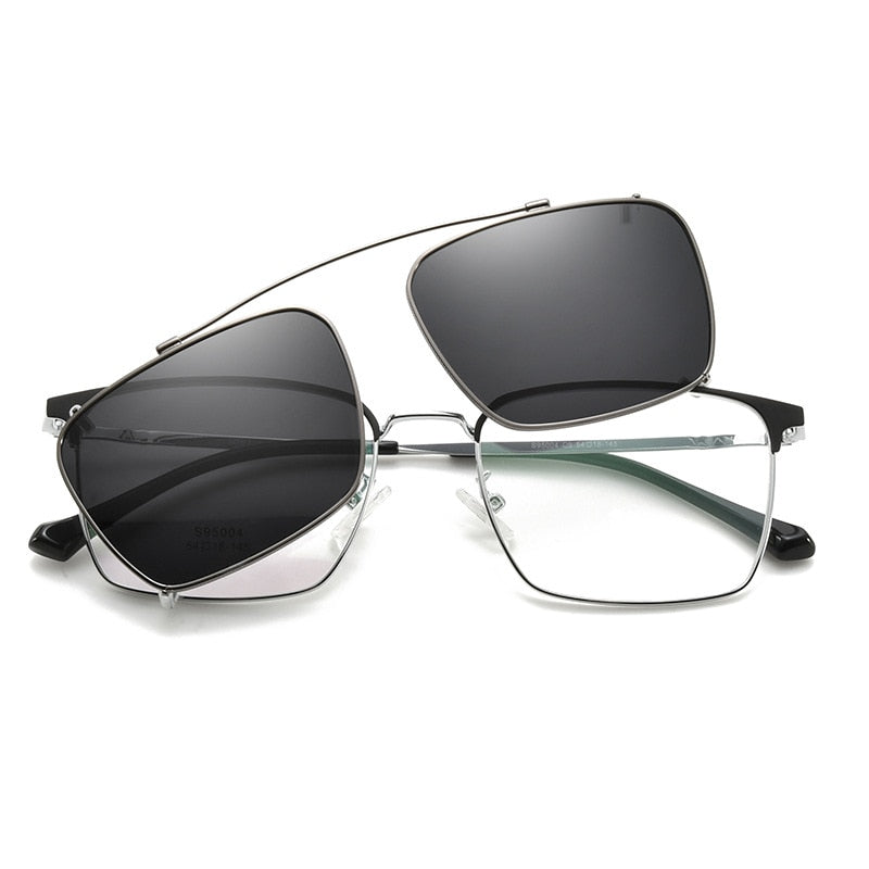 Bclear Men's Full Rim Square Alloy Frame Eyeglasses with Clip-On Polarized Sunglasses ZT95004 - Stylish Reading Glasses & Sun Protection for Driving, Outdoor Activities