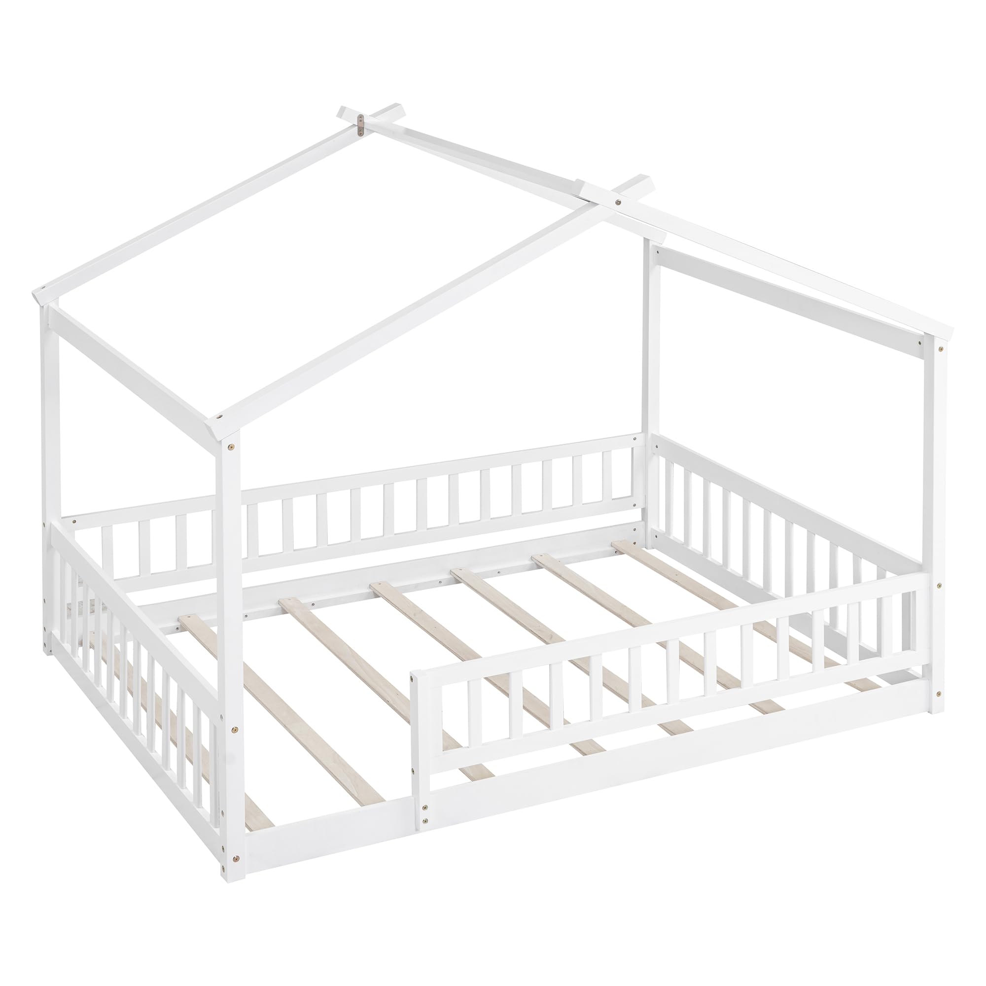 Montessori Floor Bed for Kids - Full Size Wooden House Bed Frame with Safety Fence | White Playhouse Bed for Toddlers & Children | Perfect for Montessori Bedrooms, Playrooms & Cozy Sleep Spaces